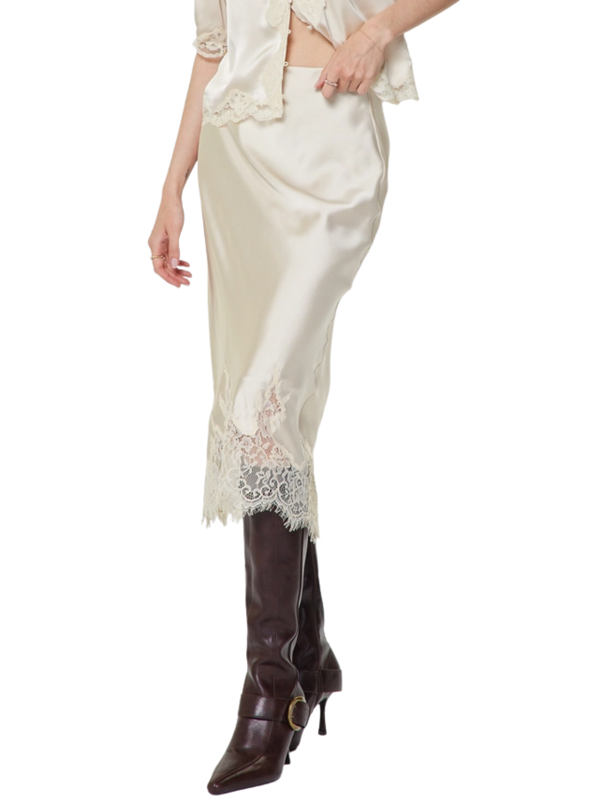 Lace Hem Satin Midi Skirt – Ecru