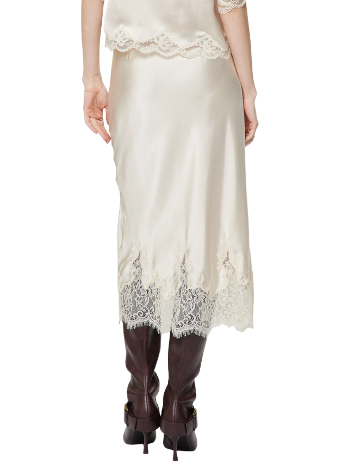 Lace Hem Satin Midi Skirt – Ecru
