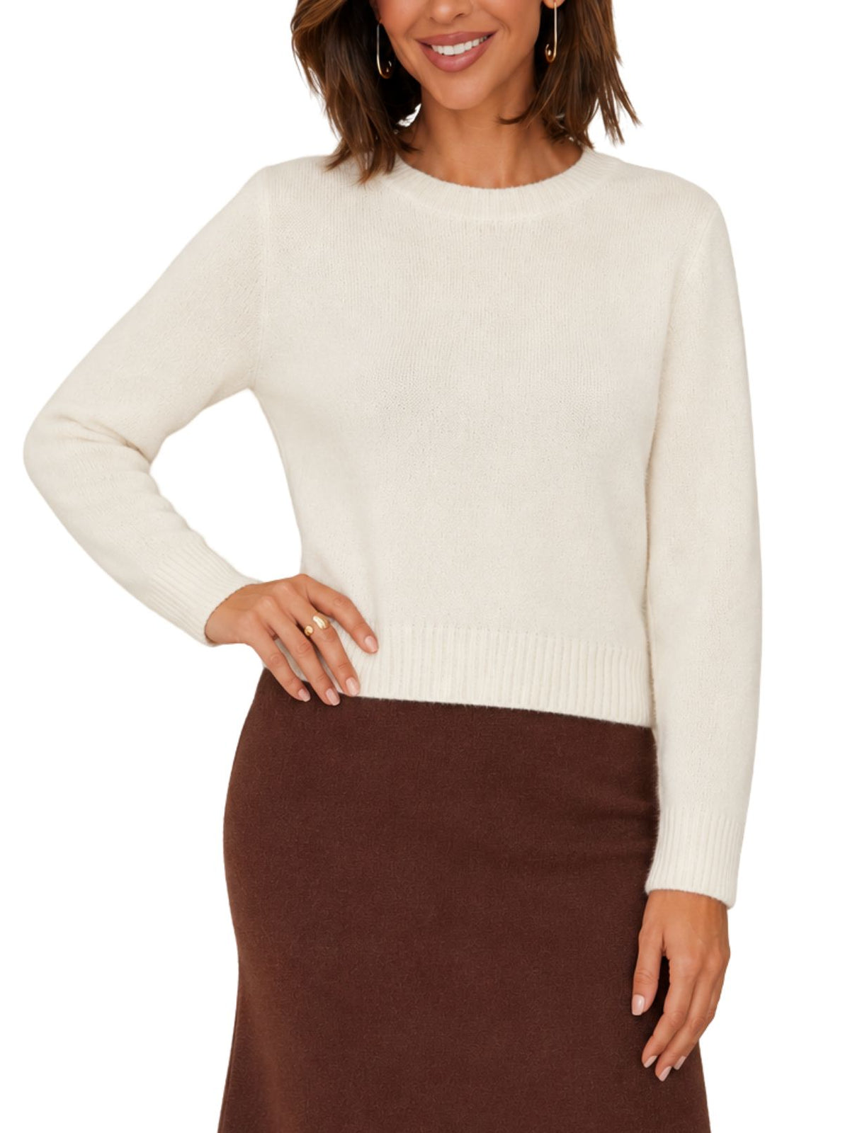 Long Sleeve Classic Crewneck Knit Sweater in Panna Cotta