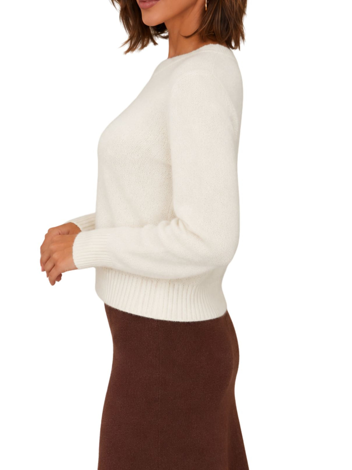 Long Sleeve Classic Crewneck Knit Sweater in Panna Cotta