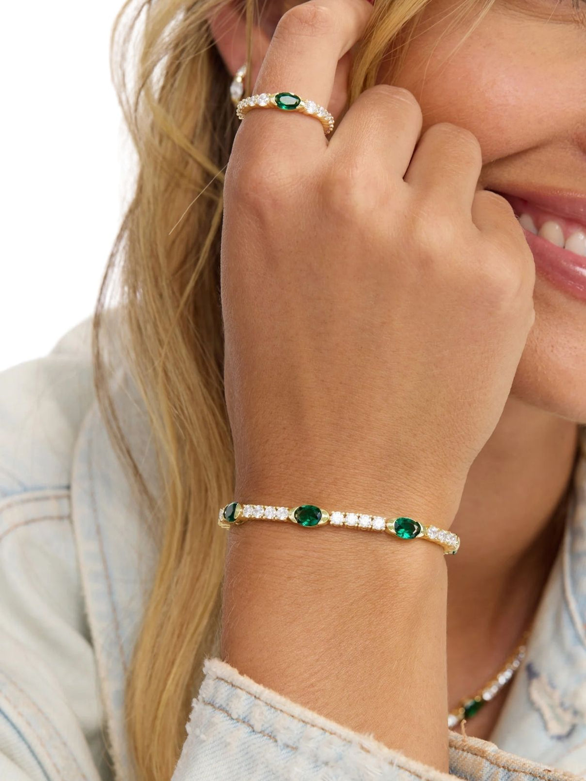Melinda Maria The Maven Tennis Bracelet 3mm in Gold/Emerald