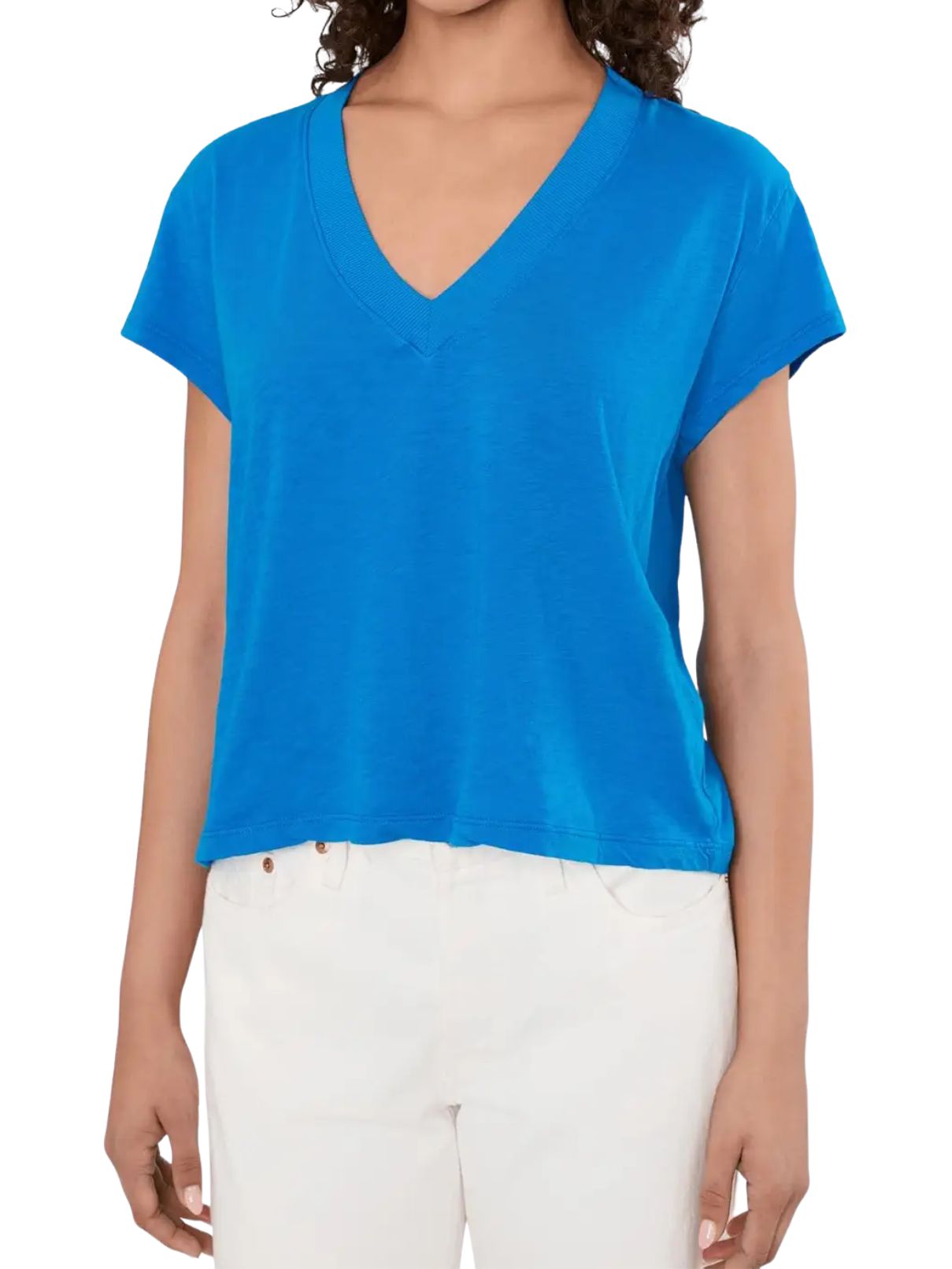 Michael Harlan Cropped V-Neck Tee in Pacific