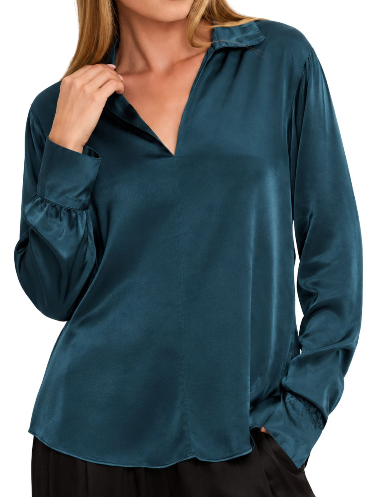 Michael Stars Everly Satin Collared Top in Petrol