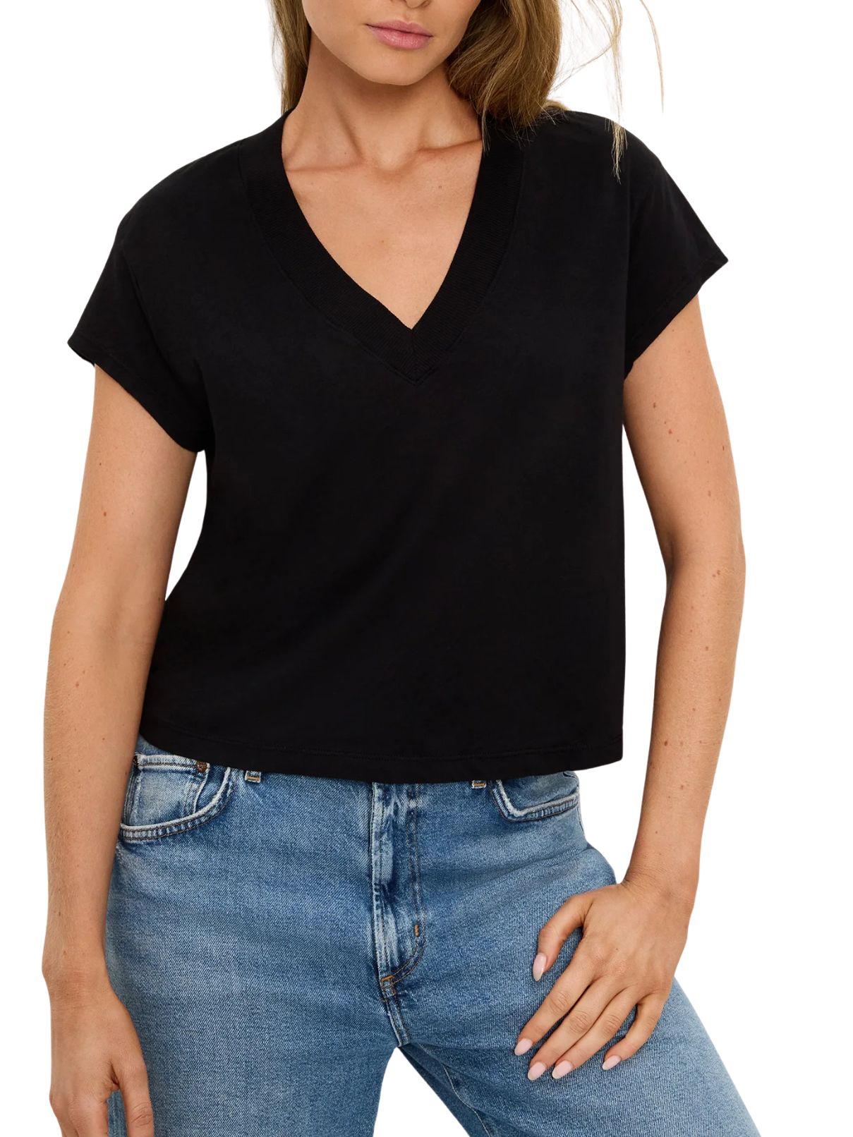 Michael Stars Harlan Cropped V-Neck Tee in Black