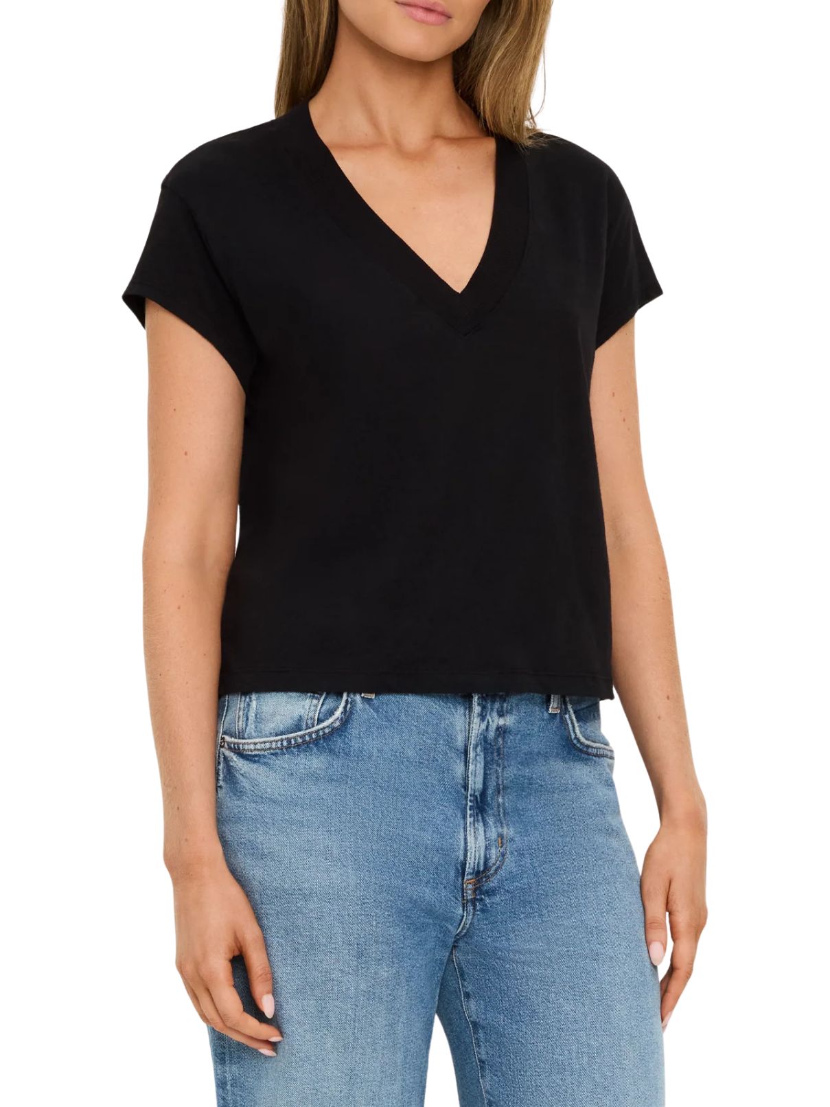 Michael Stars Harlan Cropped V-Neck Tee in Black