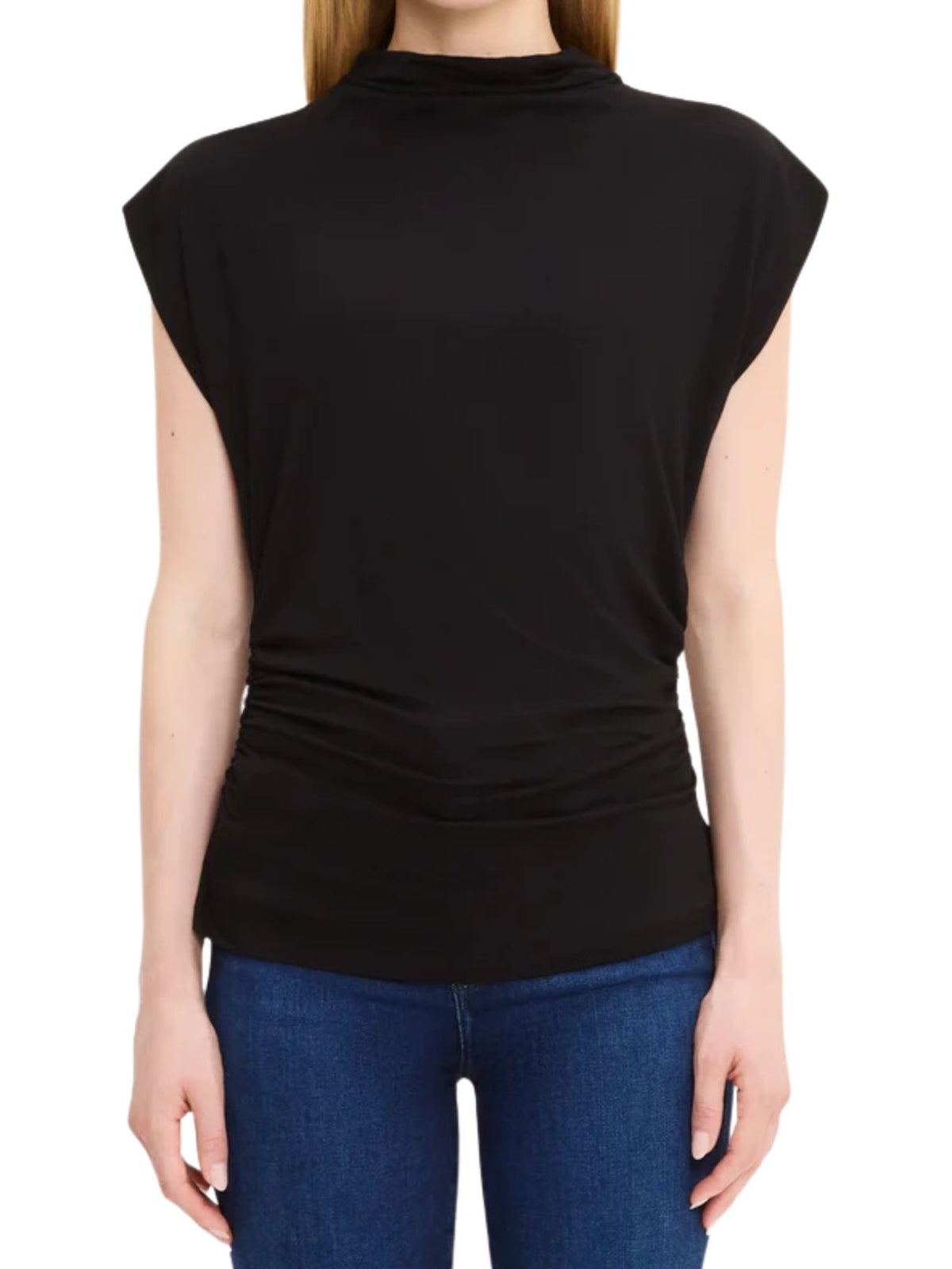 Michael Stars Mina Mock Neck Power Shoulder Top – Black