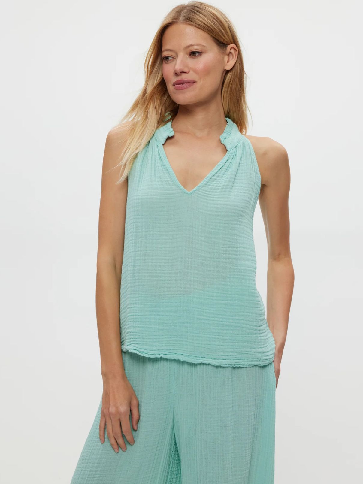 Michael Stars Viola Split Neck Gauze Tank in Serene