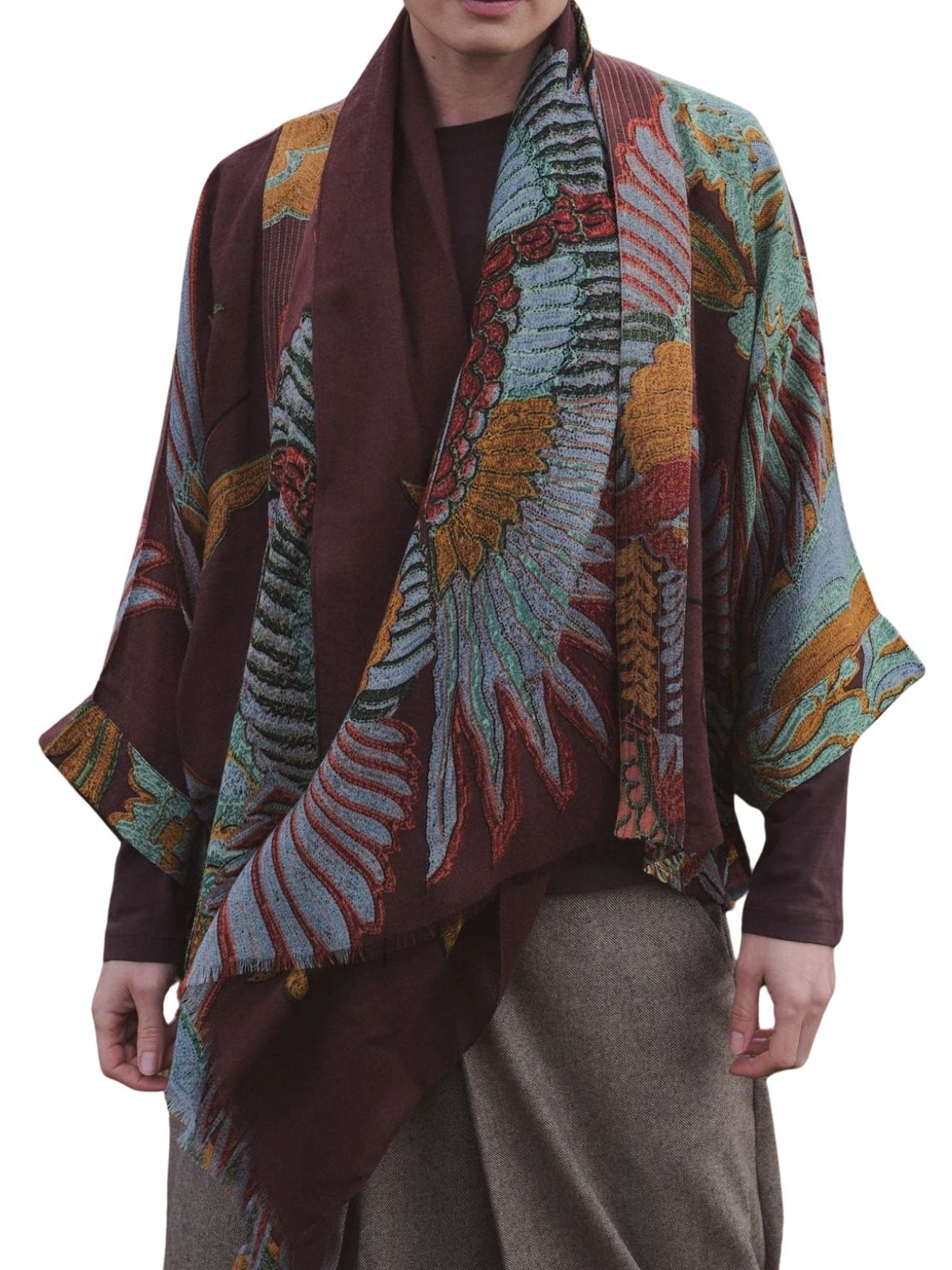 One Hundred Stars Crane Wool Kimono in Brown