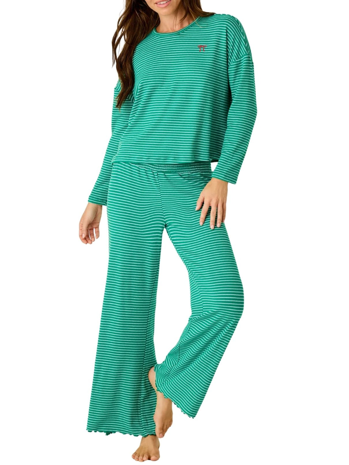 PJ Salvage Icon Stripes Bow Long Sleeve Pajama Set in Ivy