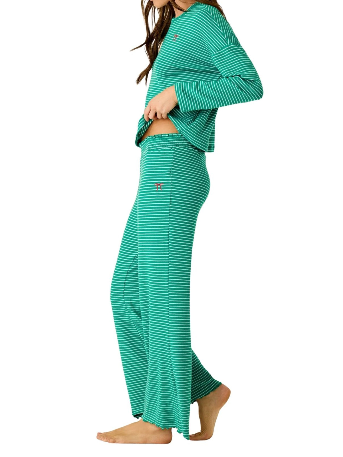 PJ Salvage Icon Stripes Bow Long Sleeve Pajama Set in Ivy