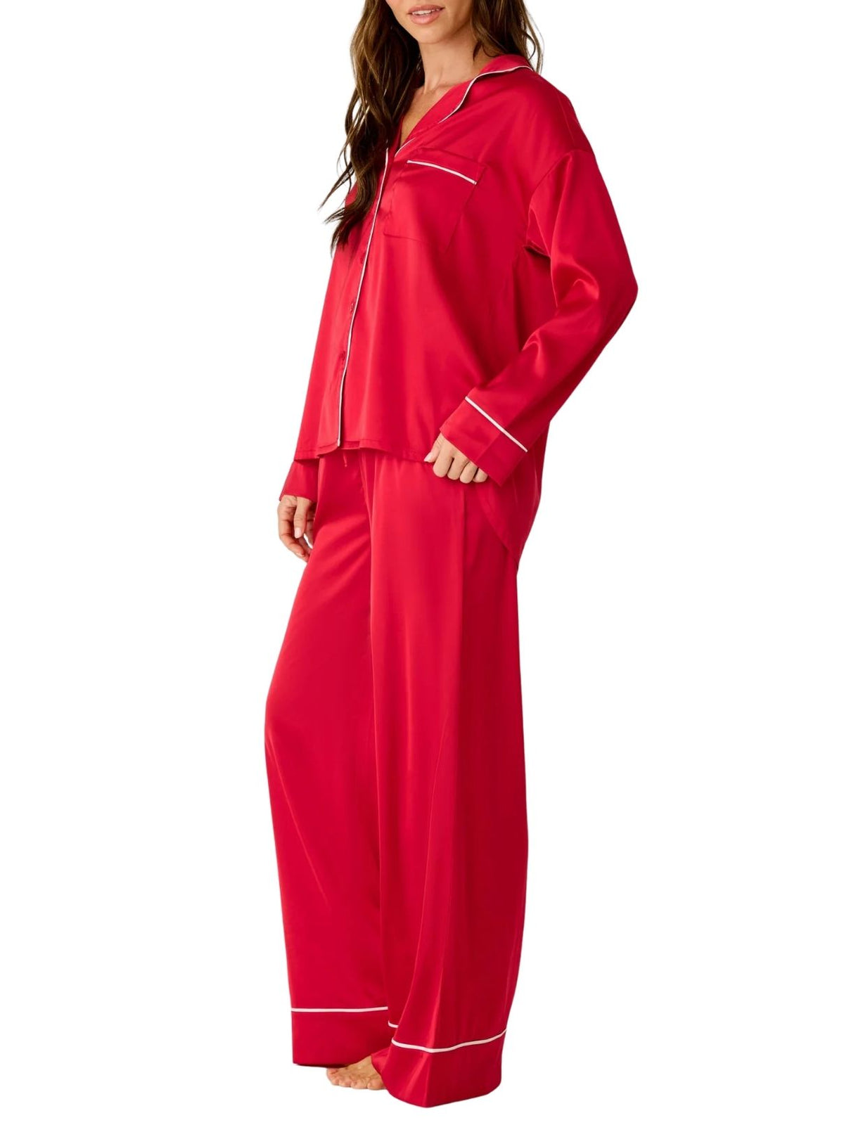 PJ Salvage Moonlight Muse Satin Long Sleeve Pajama Set in Lipstick Red