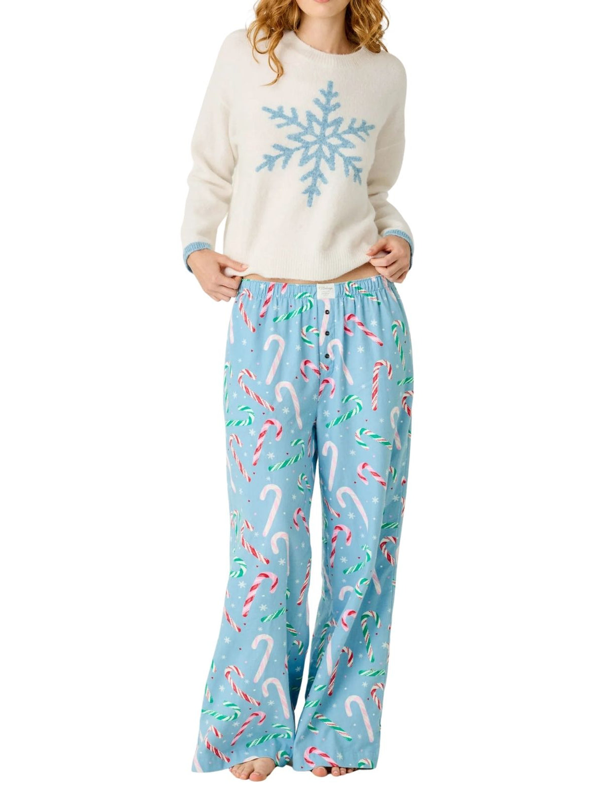 PJ Salvage The Sweetest Season Snowflake Sweater & Candy Cane Pajama Set in Ivory/Blue
