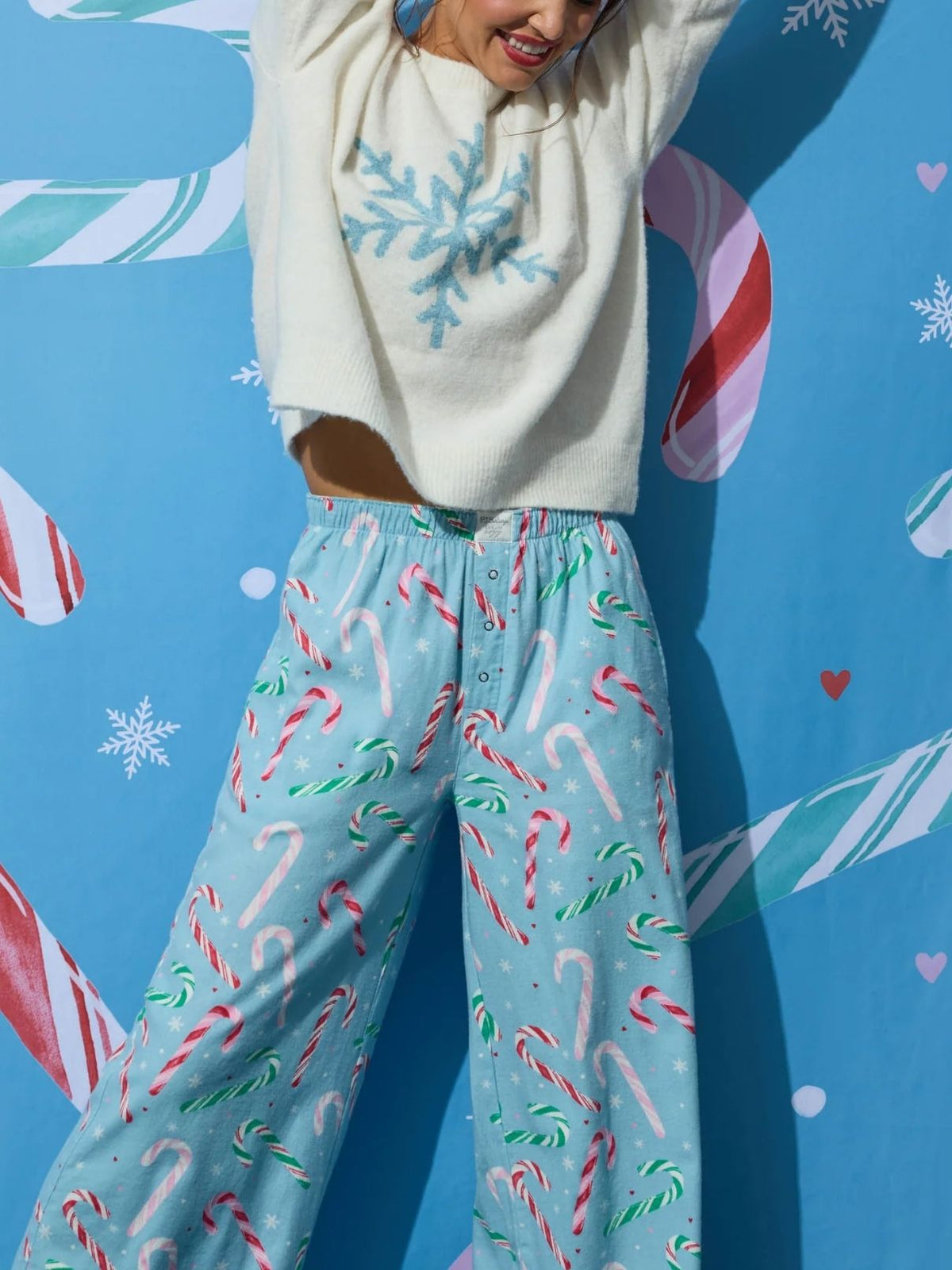 PJ Salvage The Sweetest Season Snowflake Sweater & Candy Cane Pajama Set in Ivory/Blue