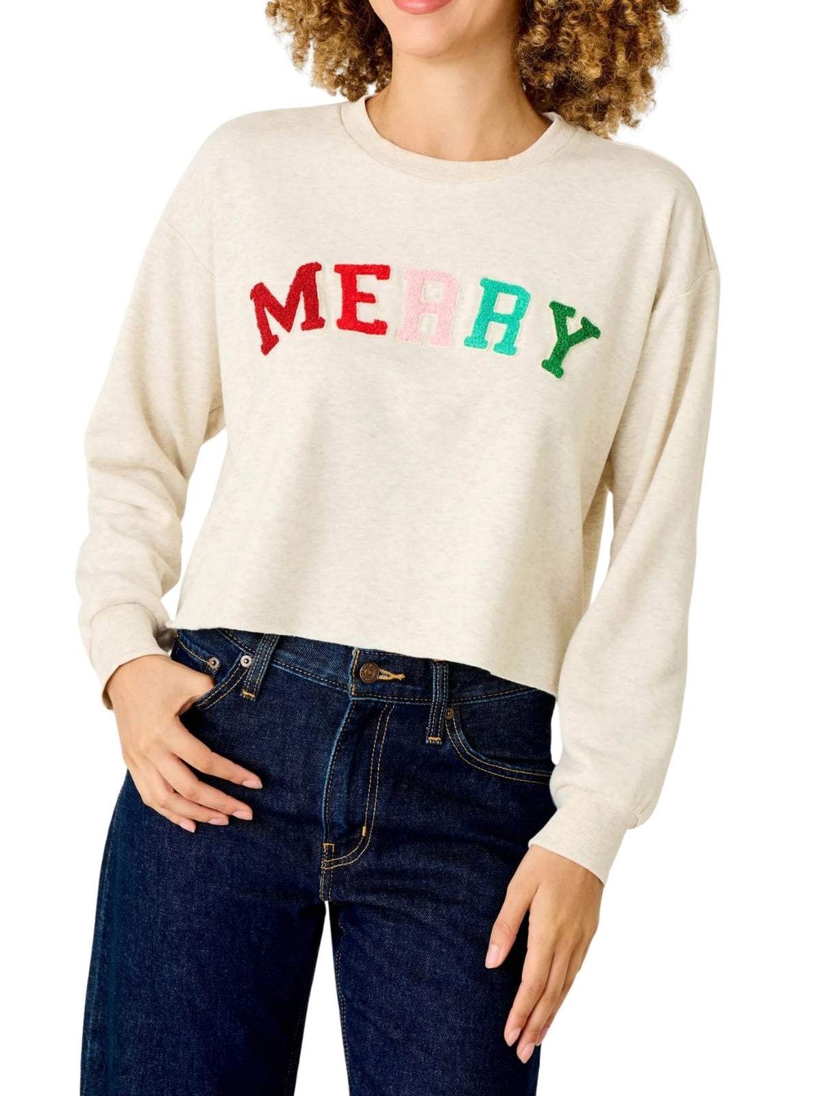 PJ Salvage Very Merry Bouclé Sweatshirt in Light Oatmeal