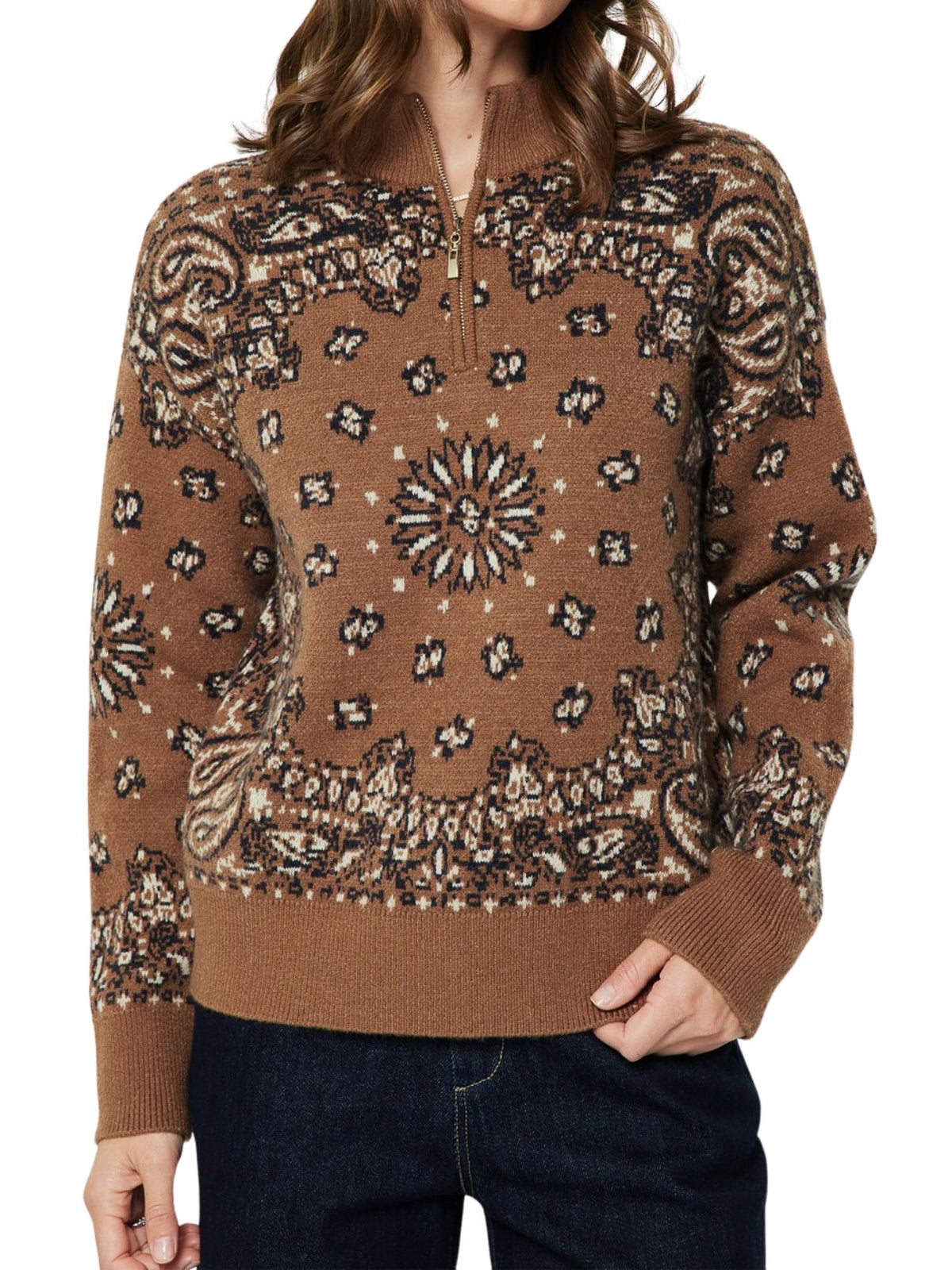 Paisley Jacquard Half-Zip Sweater in Caramel & Navy