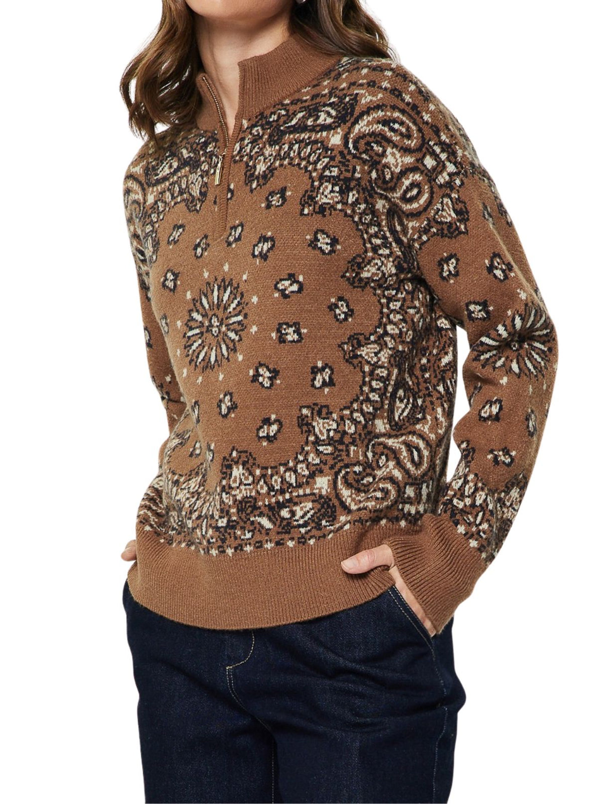 Paisley Jacquard Half-Zip Sweater in Caramel & Navy