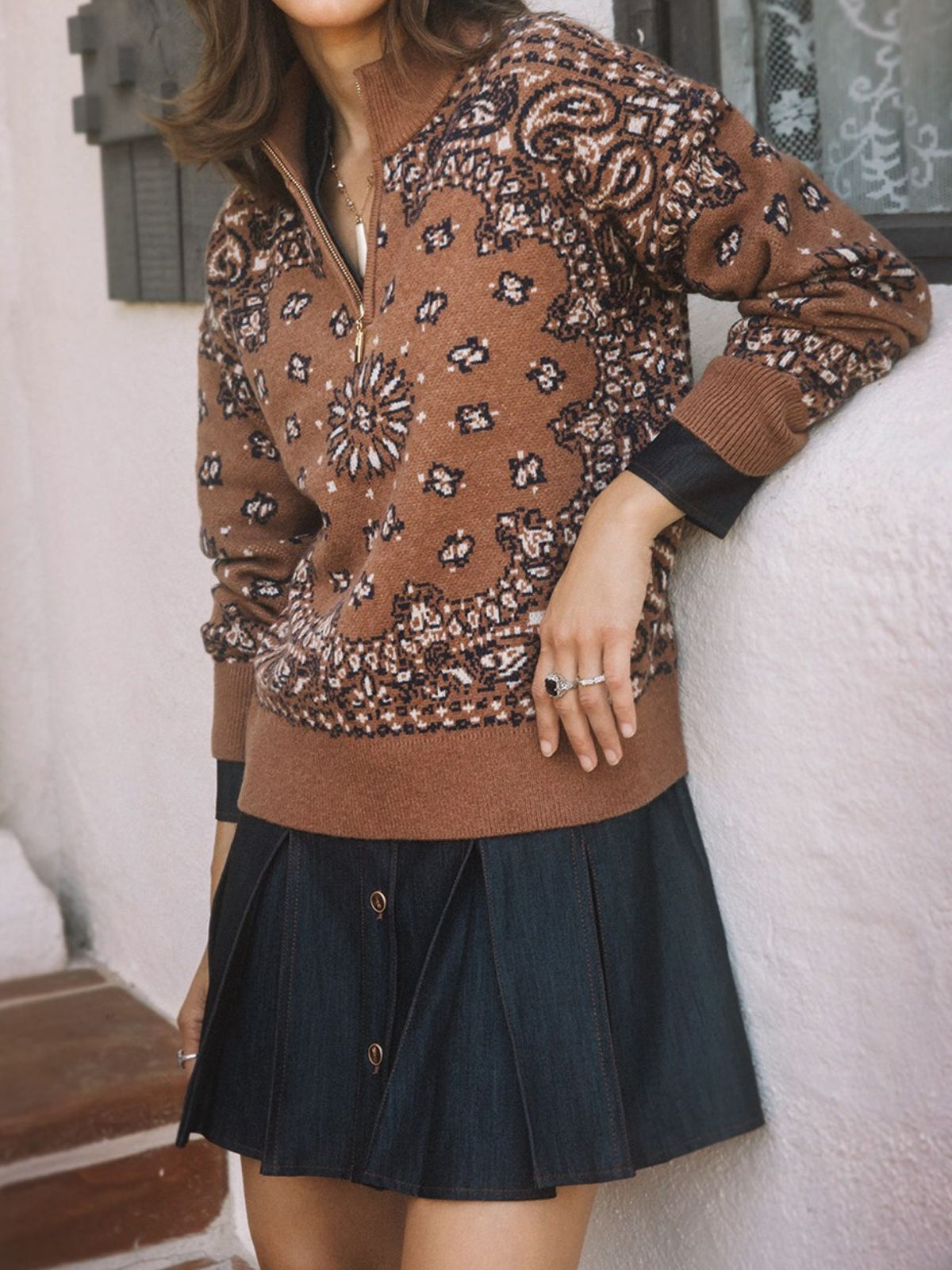 Paisley Jacquard Half-Zip Sweater in Caramel & Navy