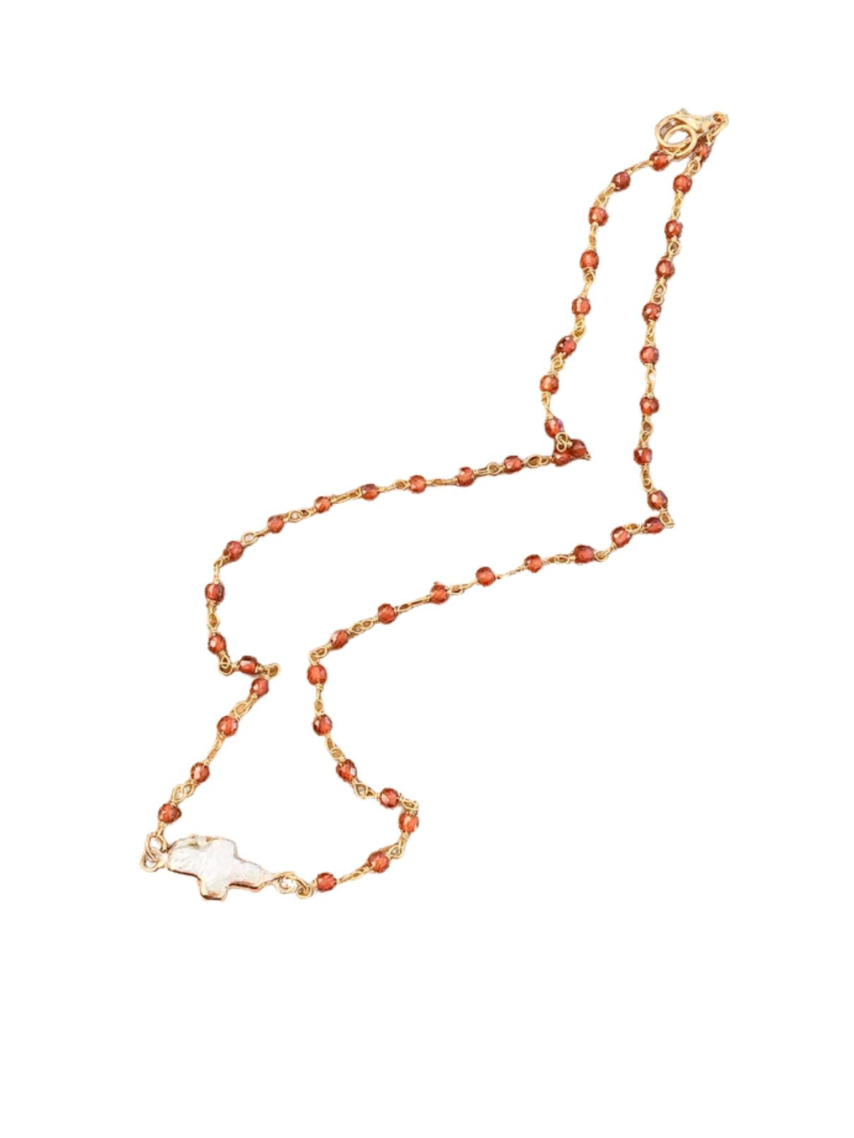 Pearl Bezel Cross Rosary Necklace – Amber