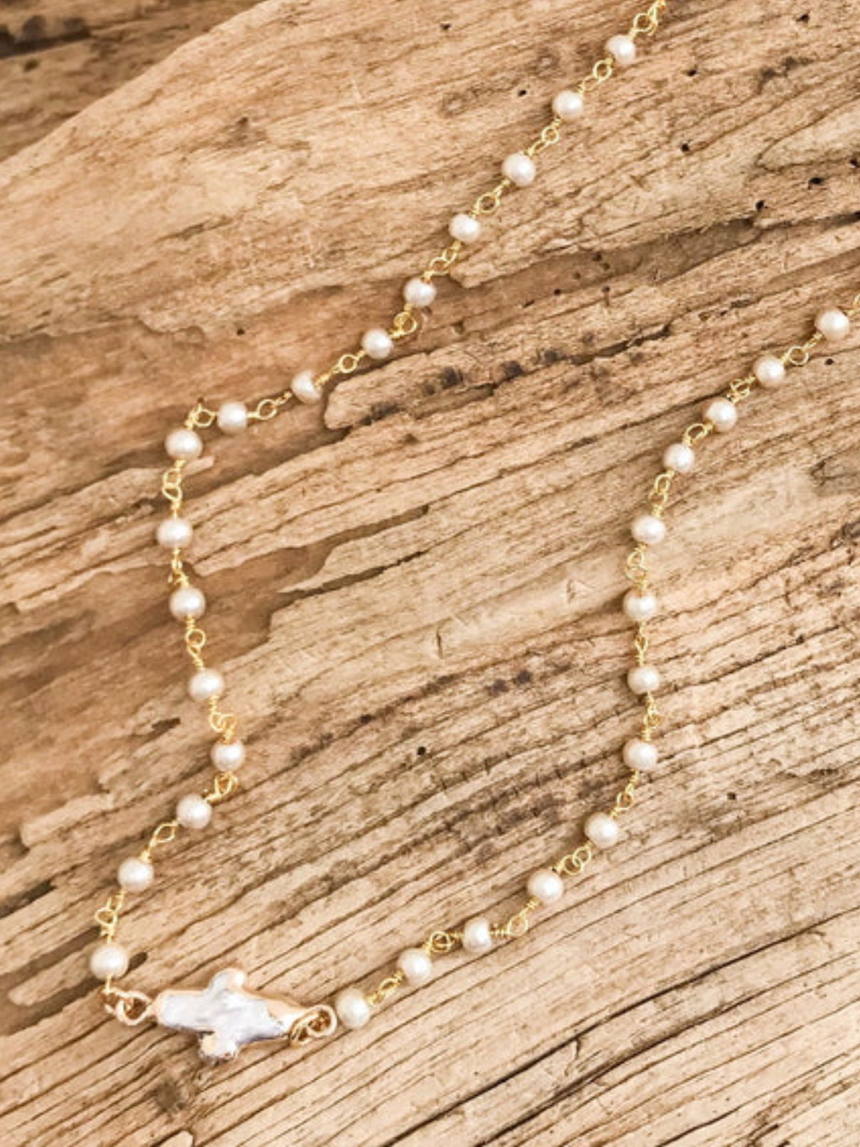 Pearl Bezel Cross Rosary Necklace