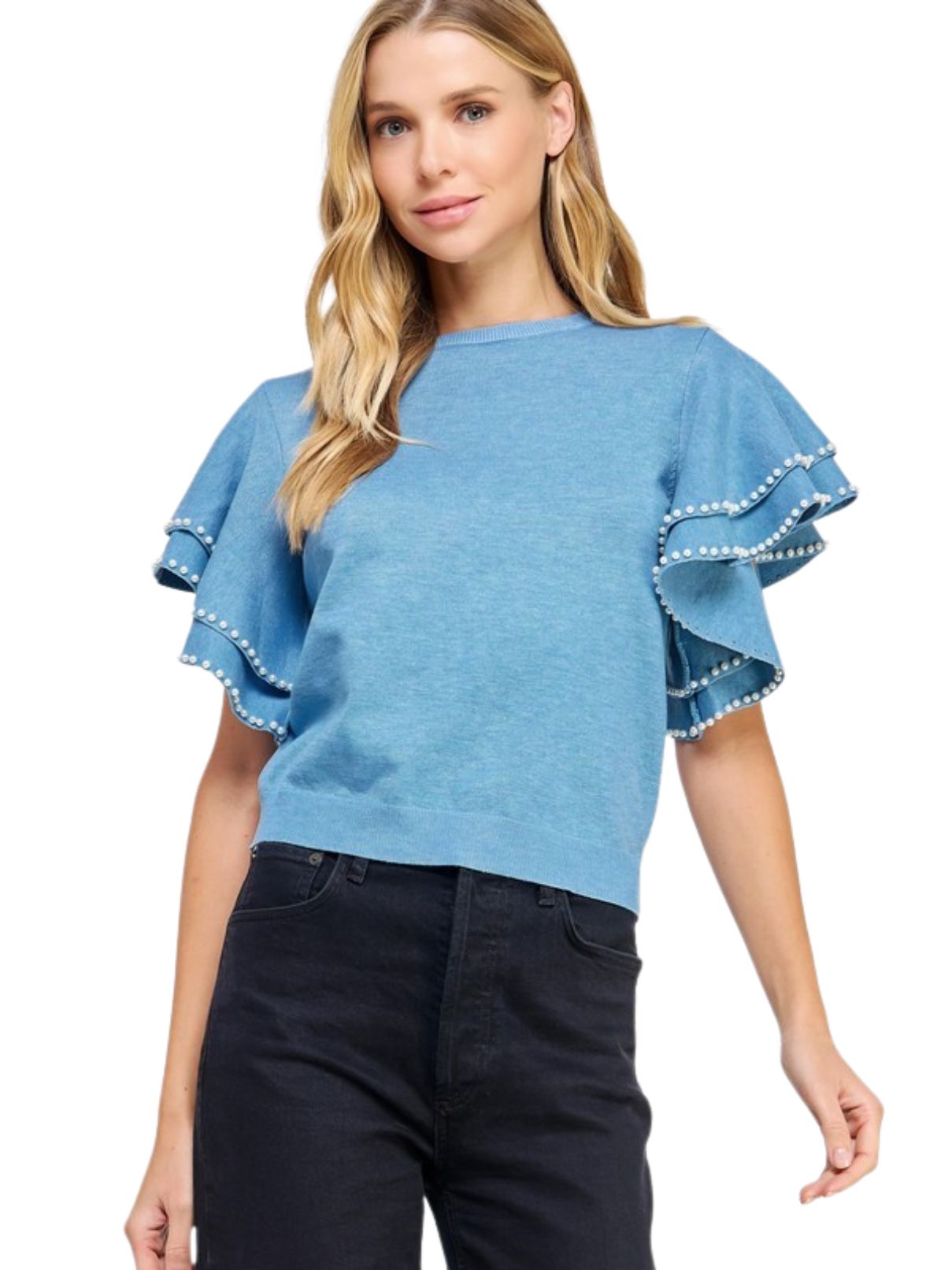 Pearl Trimmed Ruffle Top in Chambrey