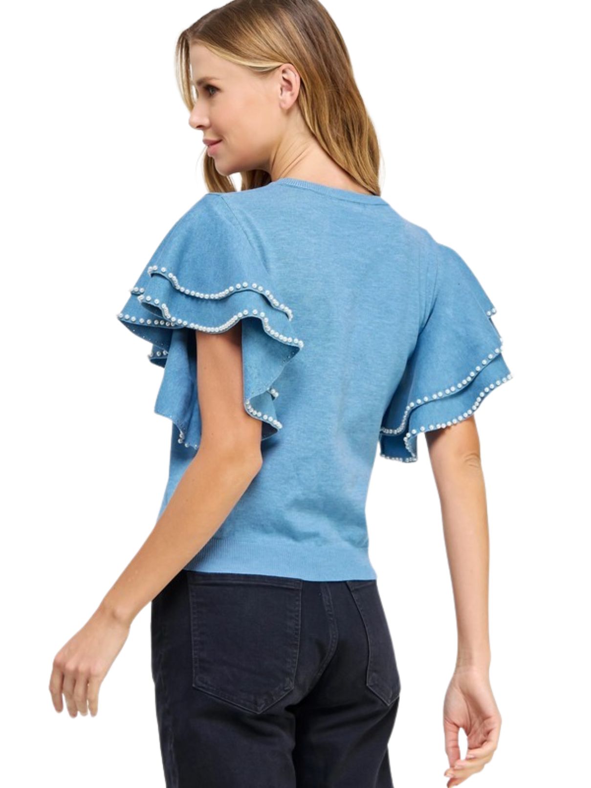Pearl Trimmed Ruffle Top in Chambrey