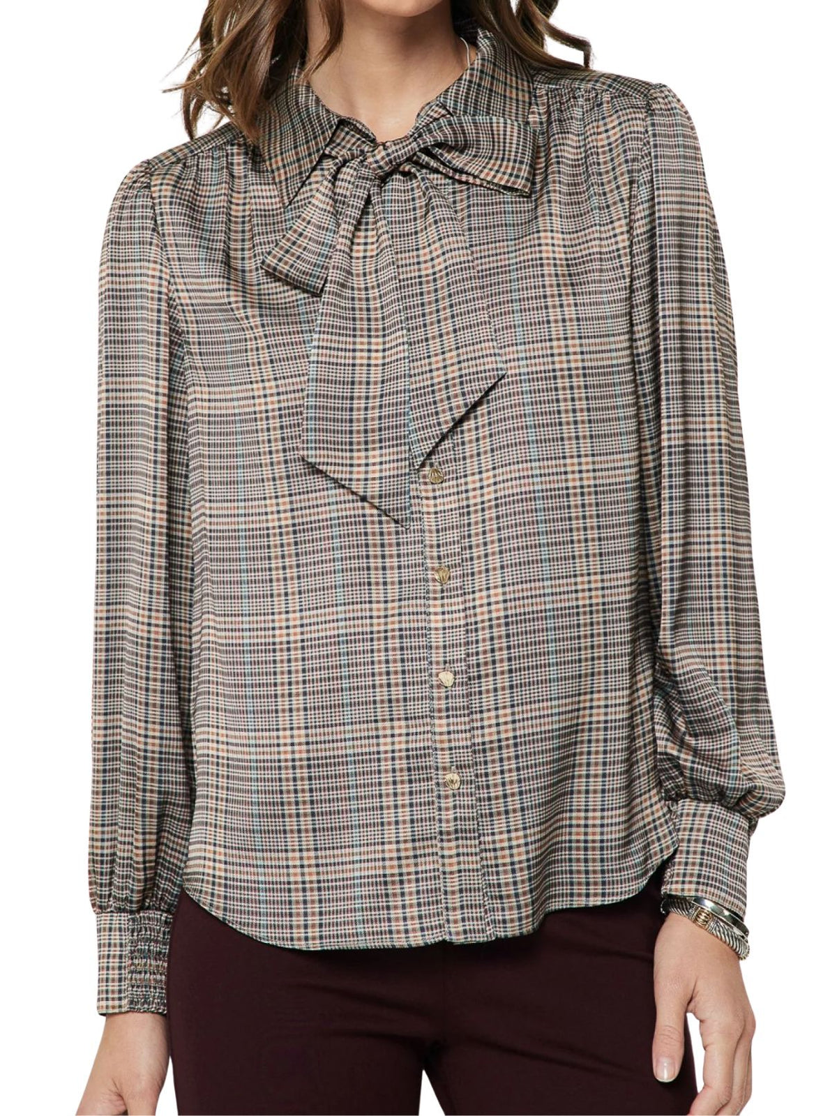Plaid Satin Button Down Blouse with Neck Tie