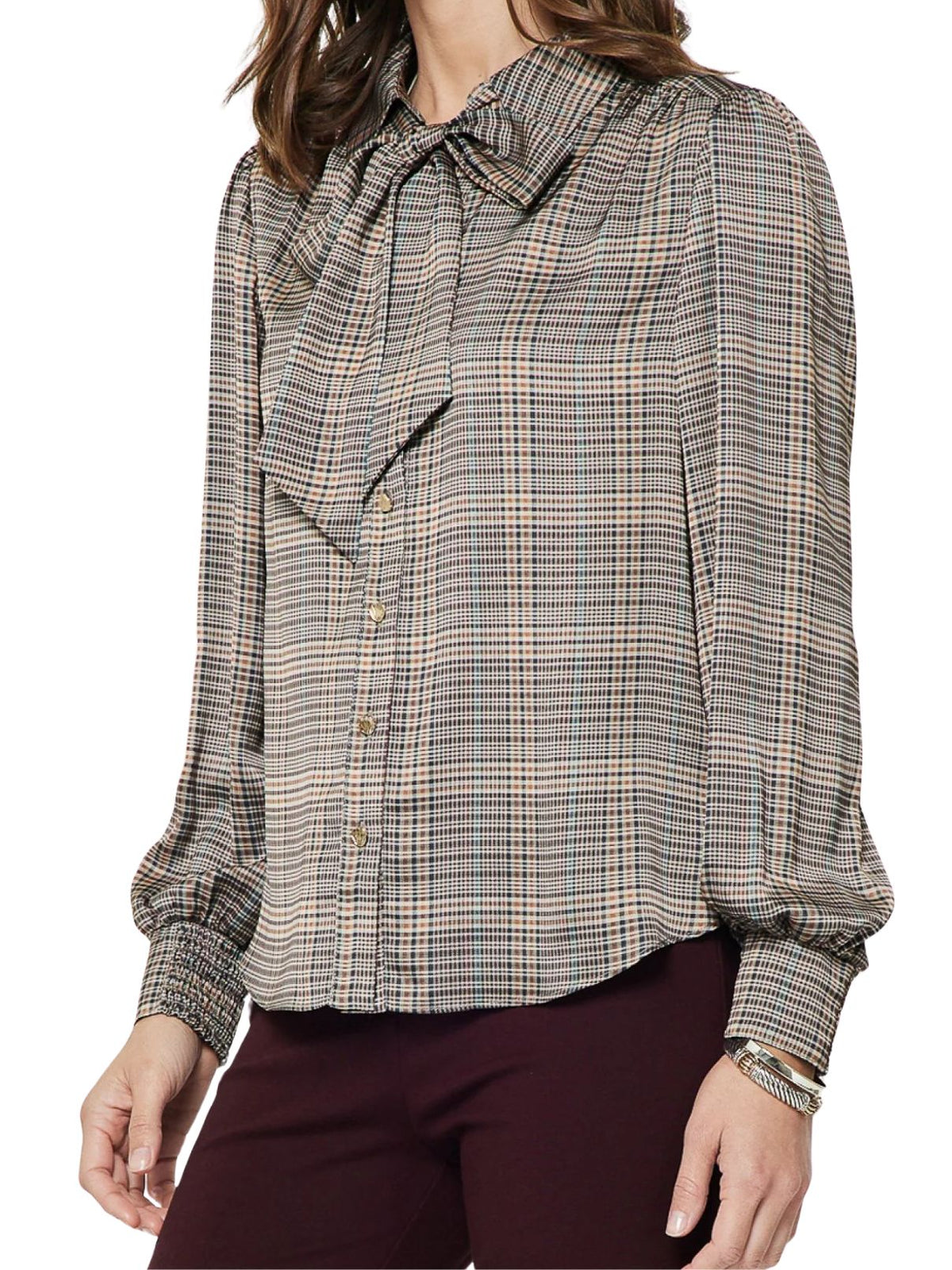 Plaid Satin Button Down Blouse with Neck Tie