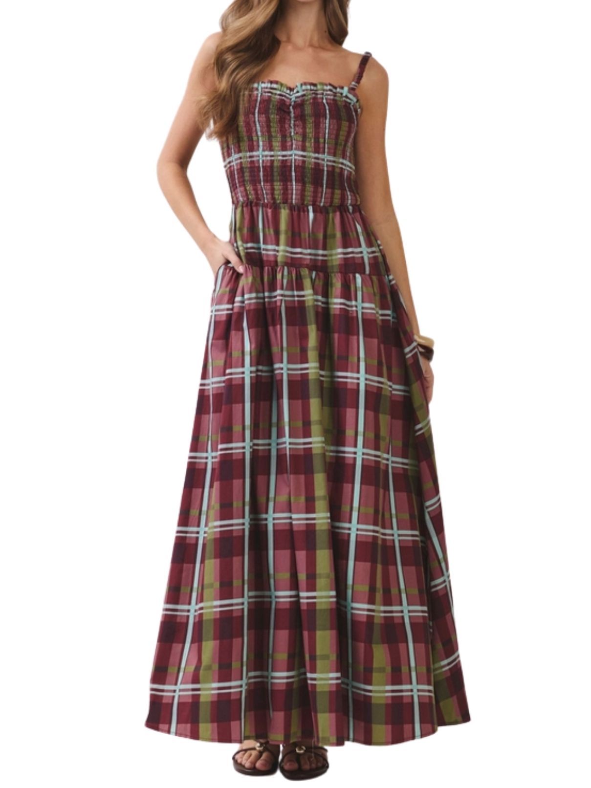 Plaid Smocked Tiered Maxi Dress – Burgundy