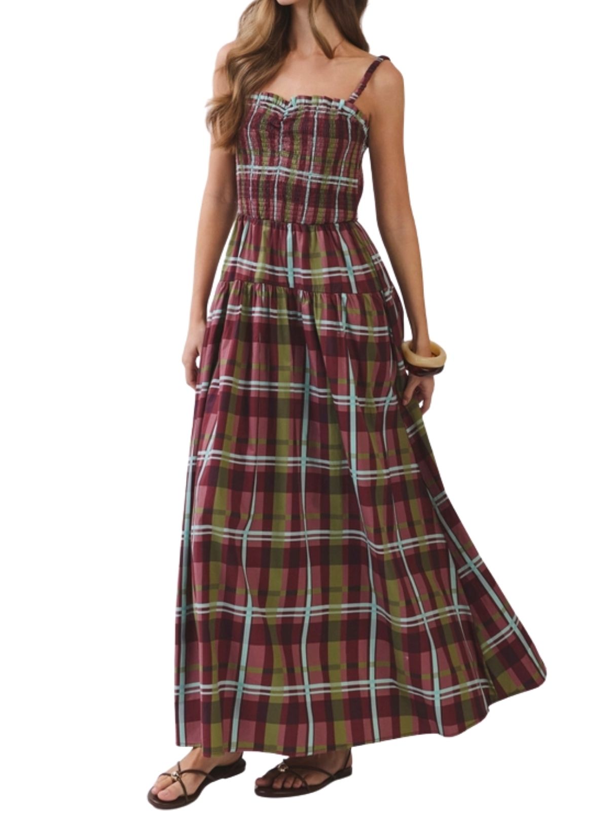 Plaid Smocked Tiered Maxi Dress – Burgundy