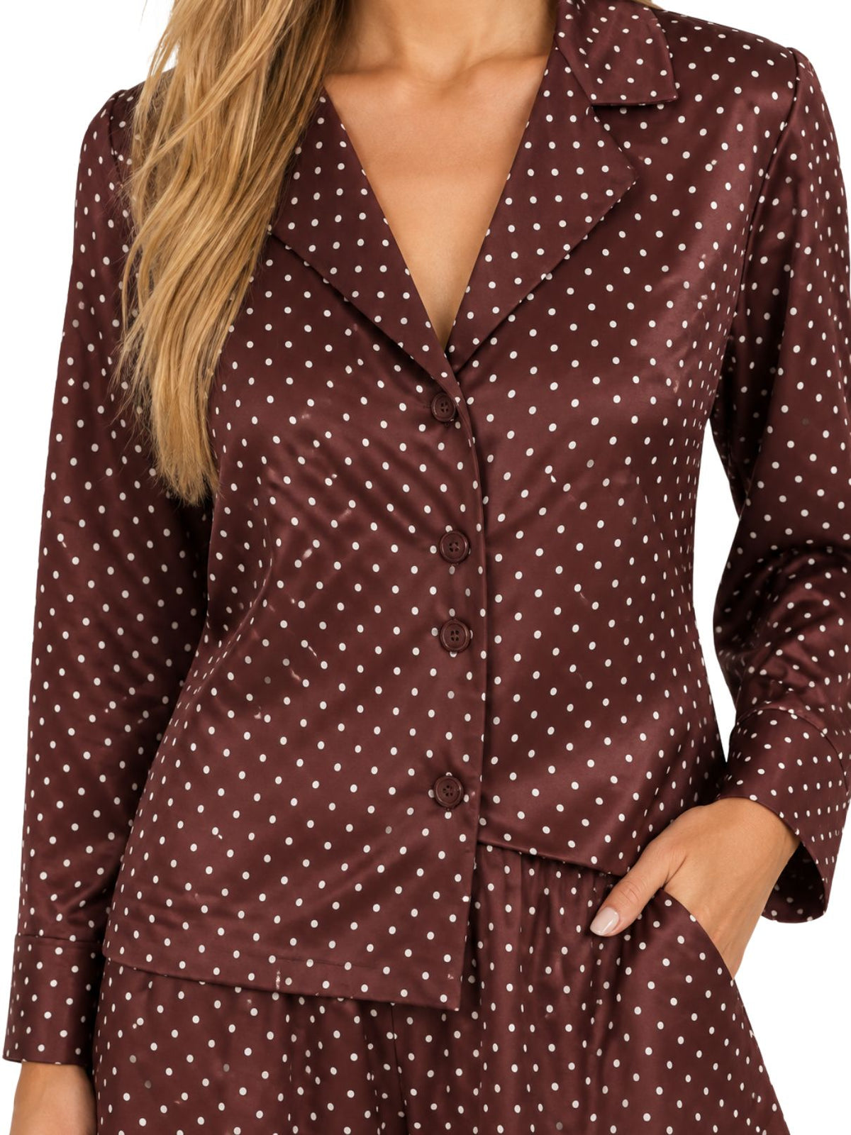 Polka Dot Satin Button-Down Top in Cherry Chocolate