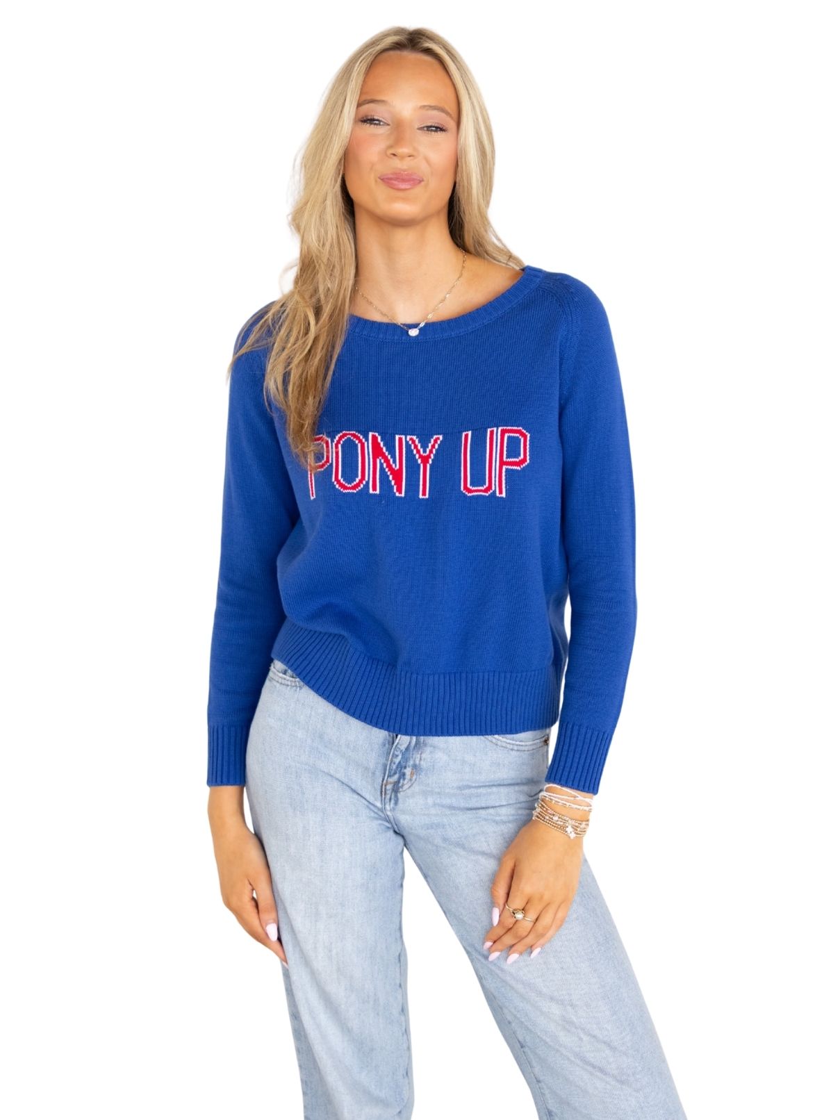 Pony Up Raglan Stripe Back Sweater – Royal Blue