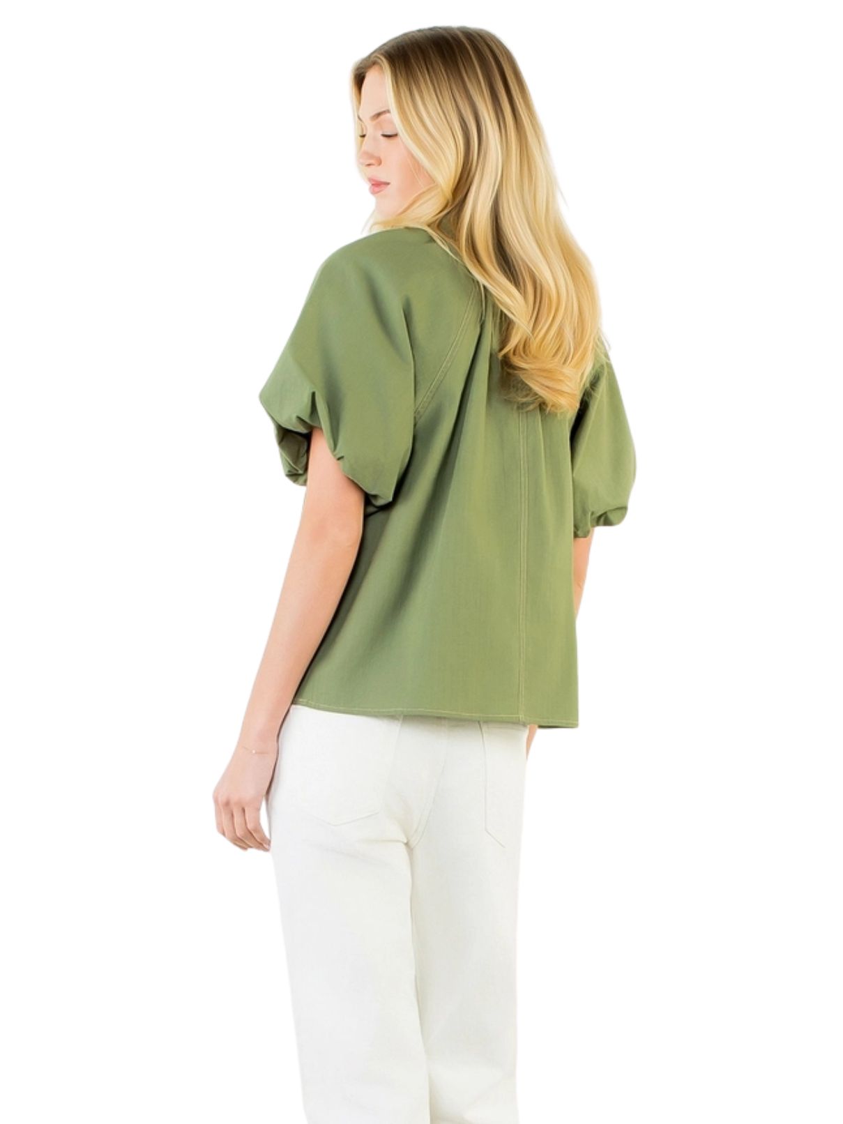 Puff Sleeve Gold-Toned Side Button Top – Olive