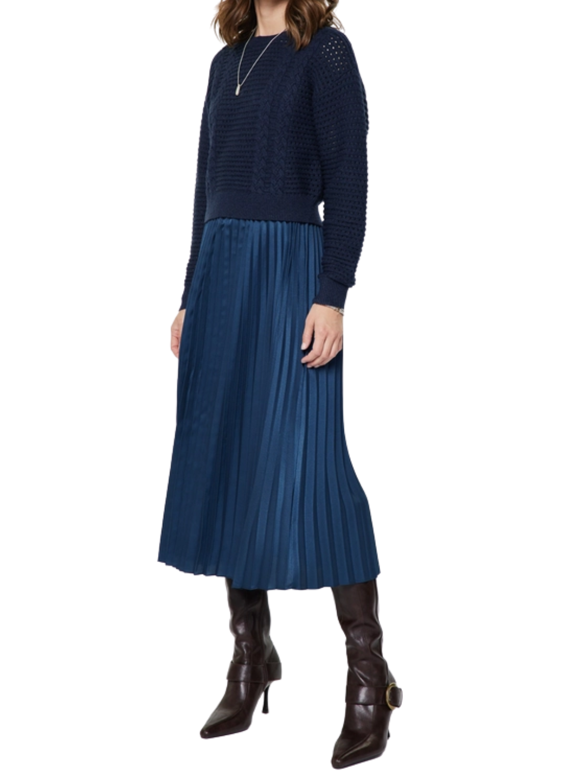 Pullover Sweater & Pleated Dress Set in Navy