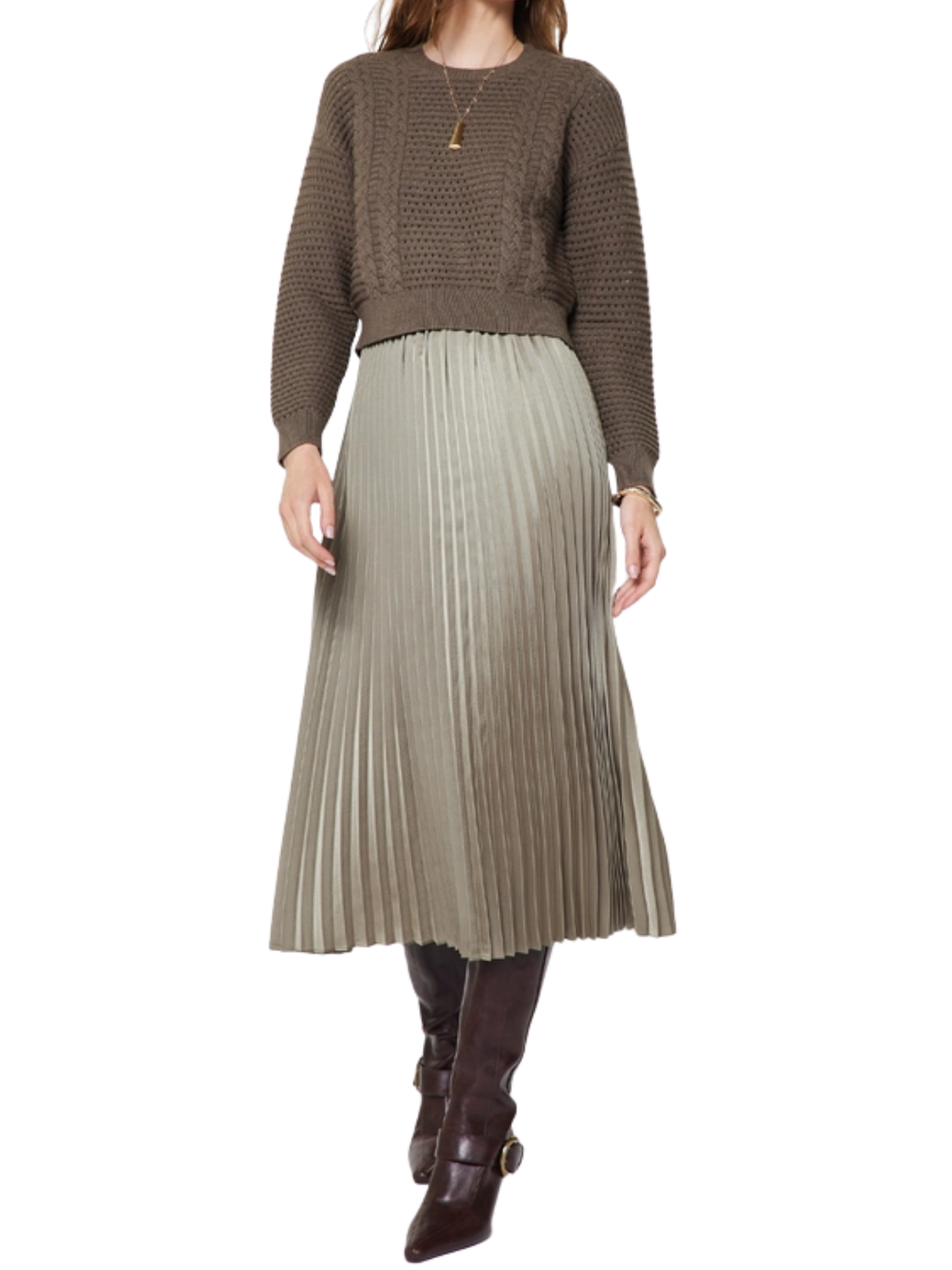 Pullover Sweater & Pleated Dress Set in Taupe Grey