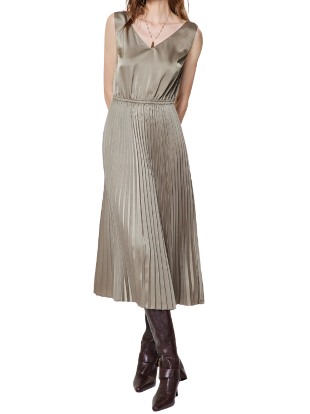 Pullover Sweater & Pleated Dress Set in Taupe Grey