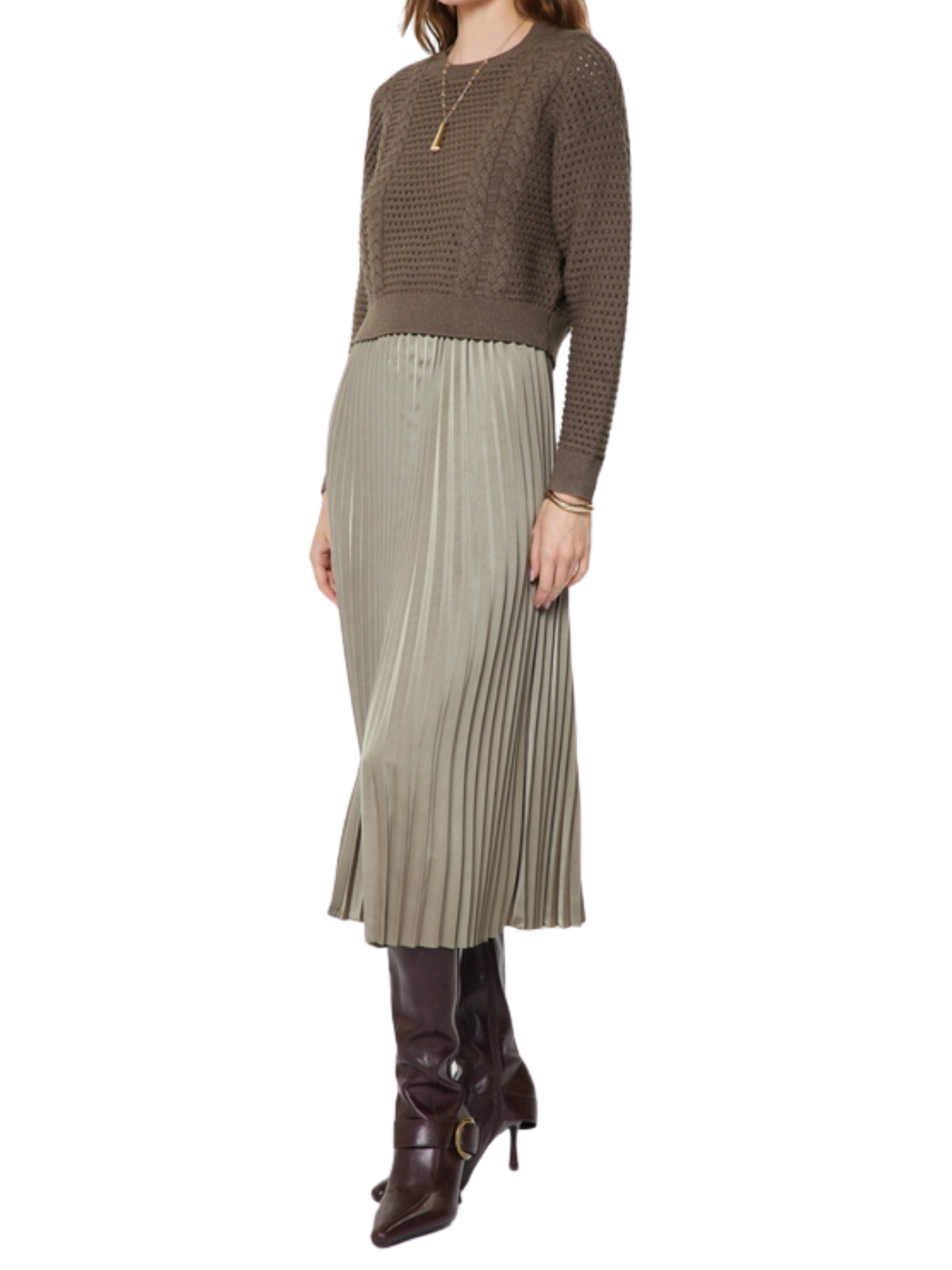 Pullover Sweater & Pleated Dress Set in Taupe Grey