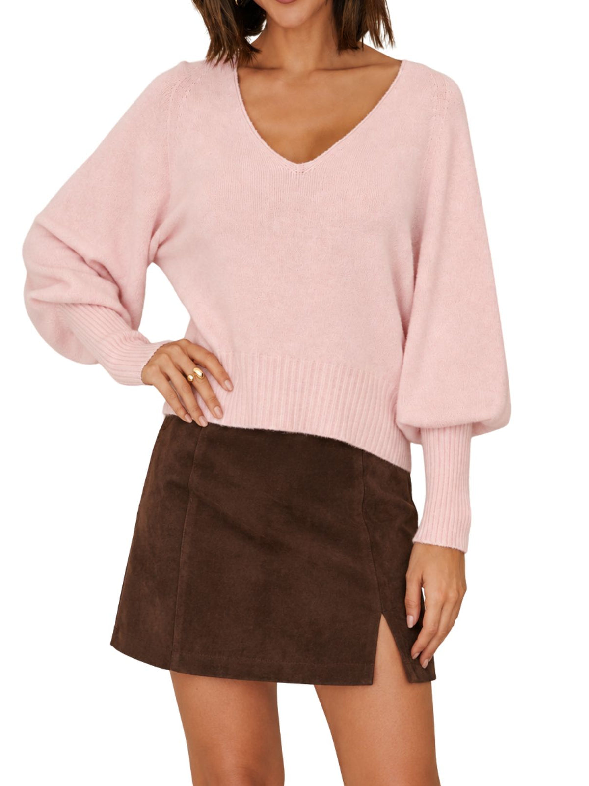 Ribbed Cuff Bubble Sleeve V-Neck Knit Sweater in Blush
