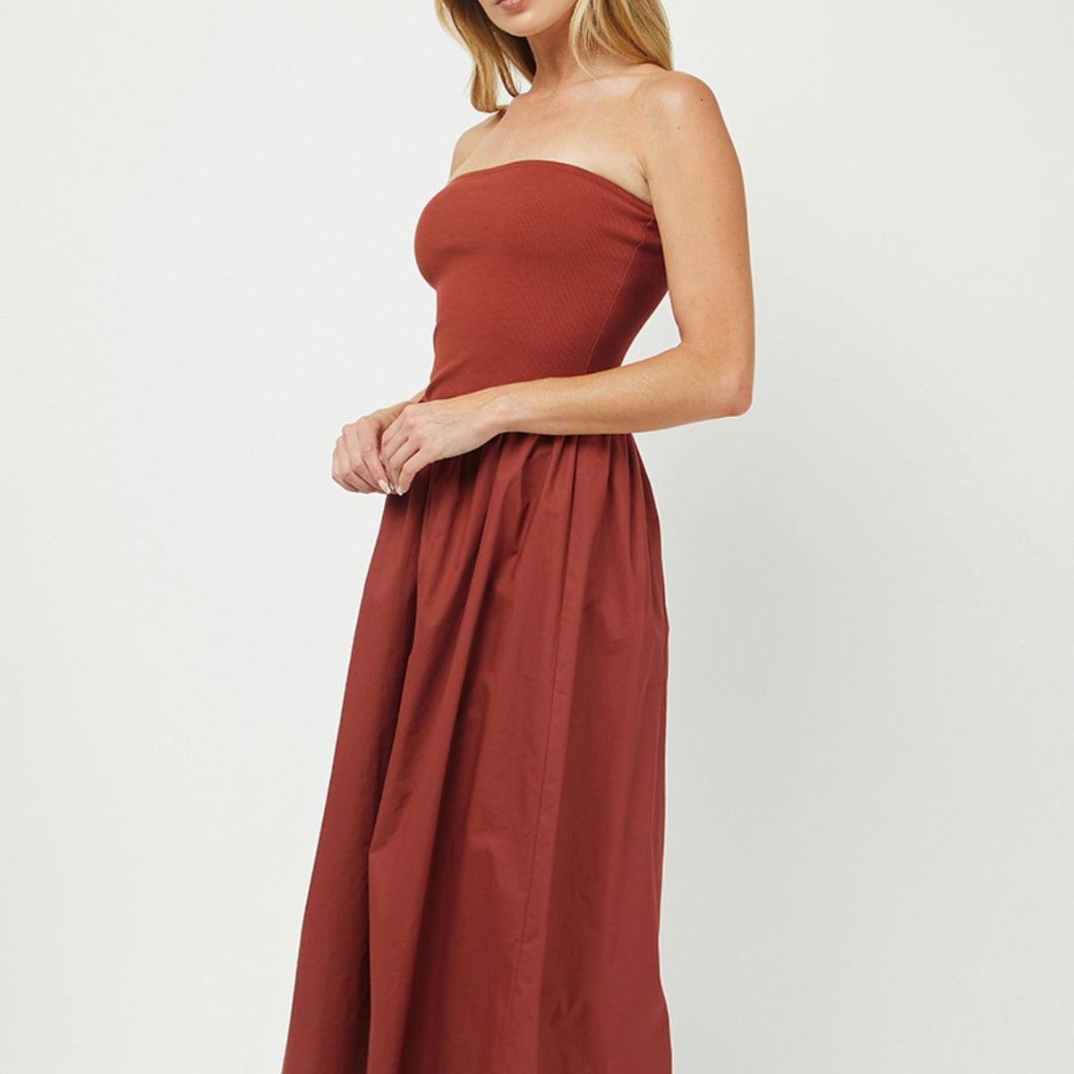 rust floor length dress Cara | RUST Matte Satin High-Neck Maxi Dress
