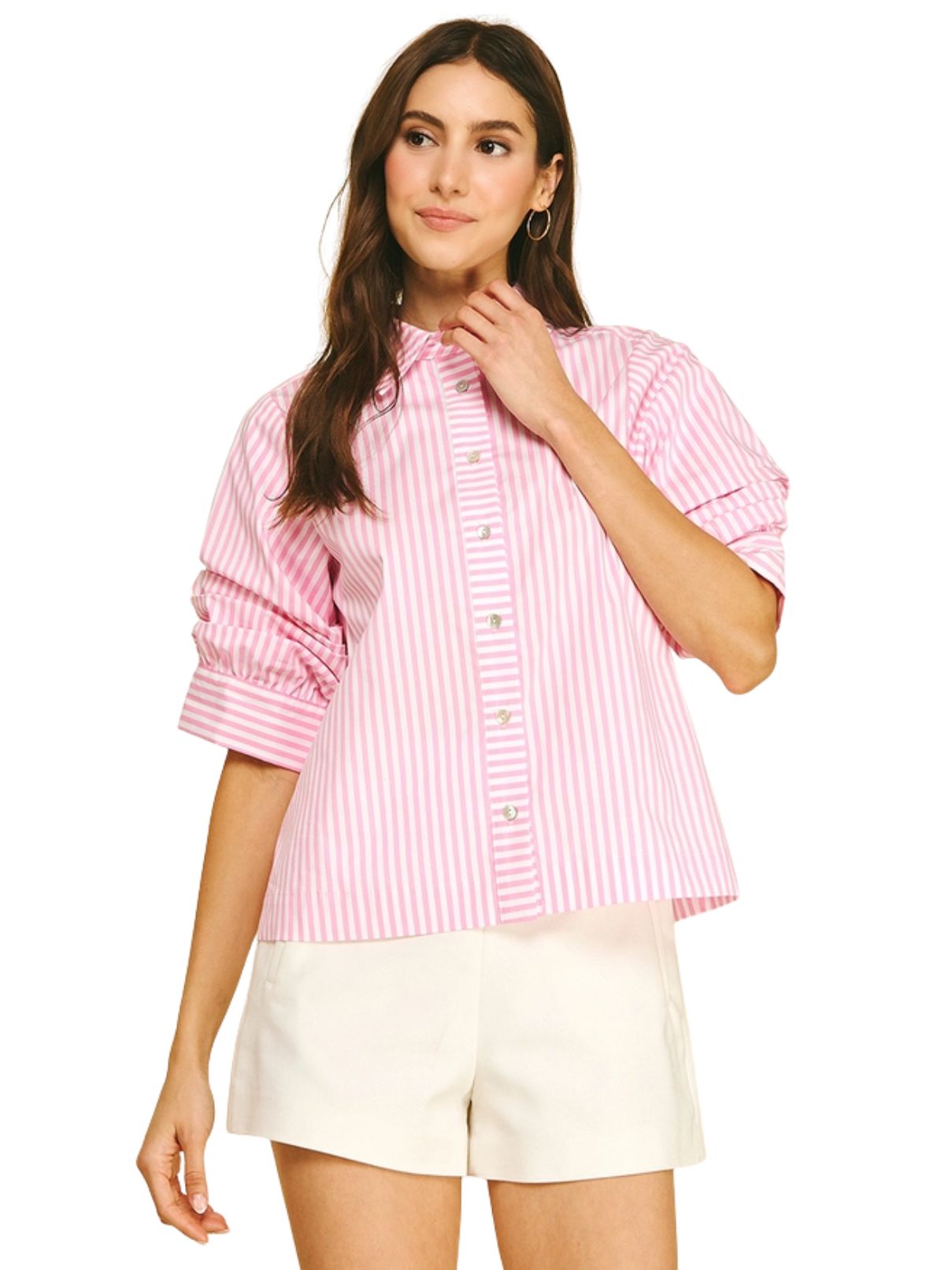 Ruched Sleeve Striped Button Down Shirt in Pink