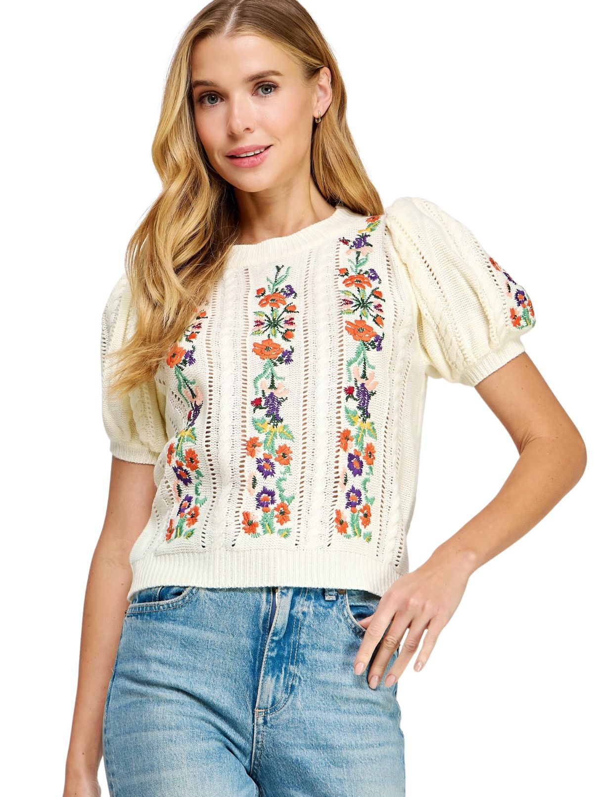 S/S Embroidered Sweater in Cream Multi