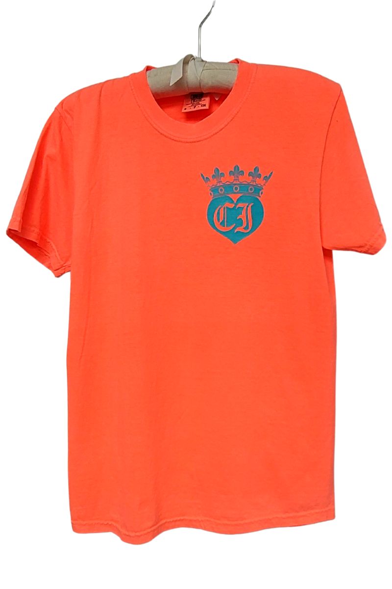 S/S Neon Red Orange Tee with Teal/White 