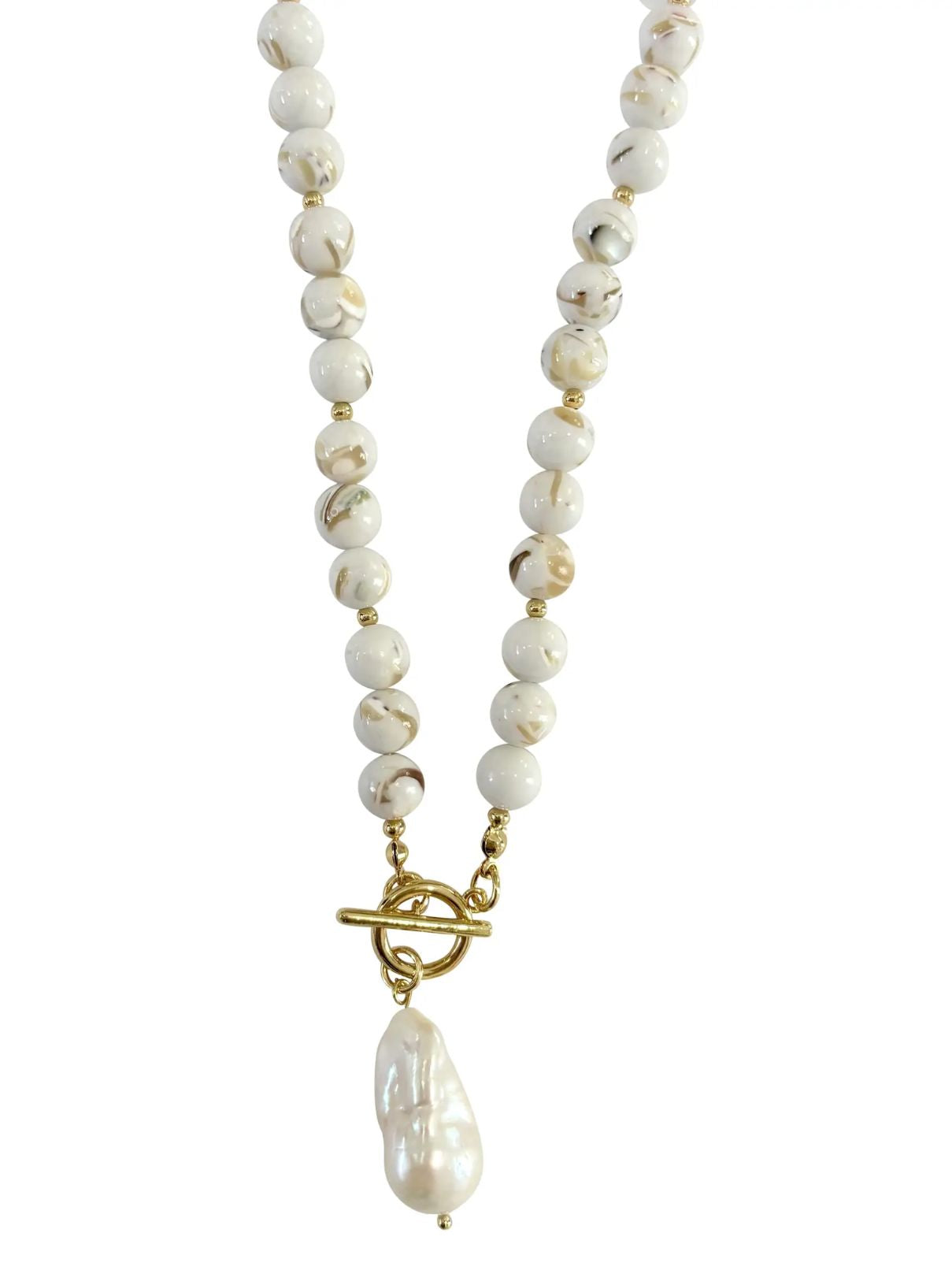 Sandy Beaded Necklace with Pearl Accent in Cream