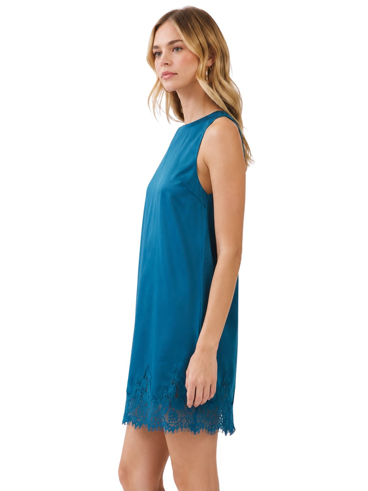 Satin Eyelash Lace Trim Shift Mini Dress – Teal
