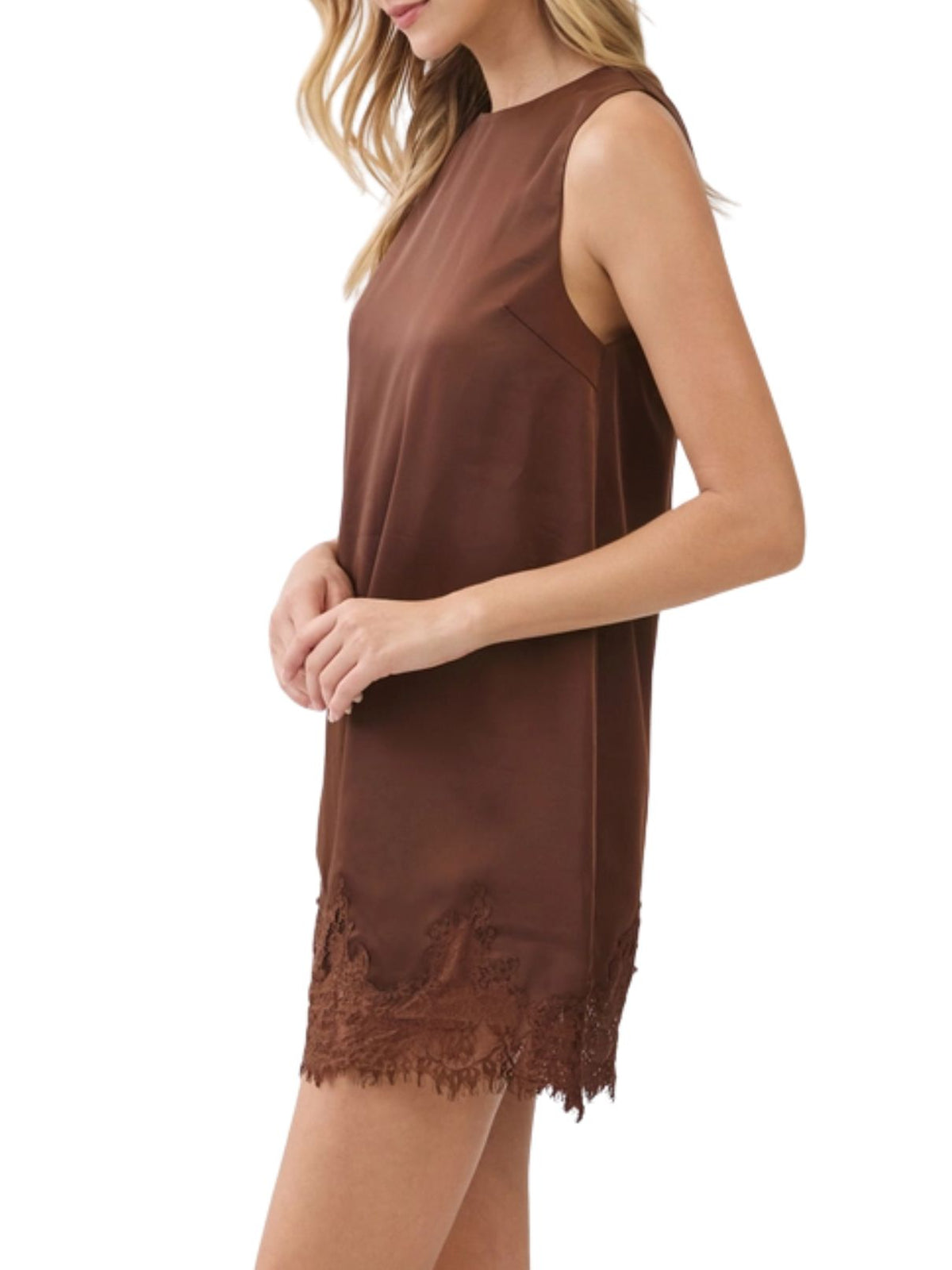 Satin Eyelash Lace Trim Shift Mini Dress in Chocolate