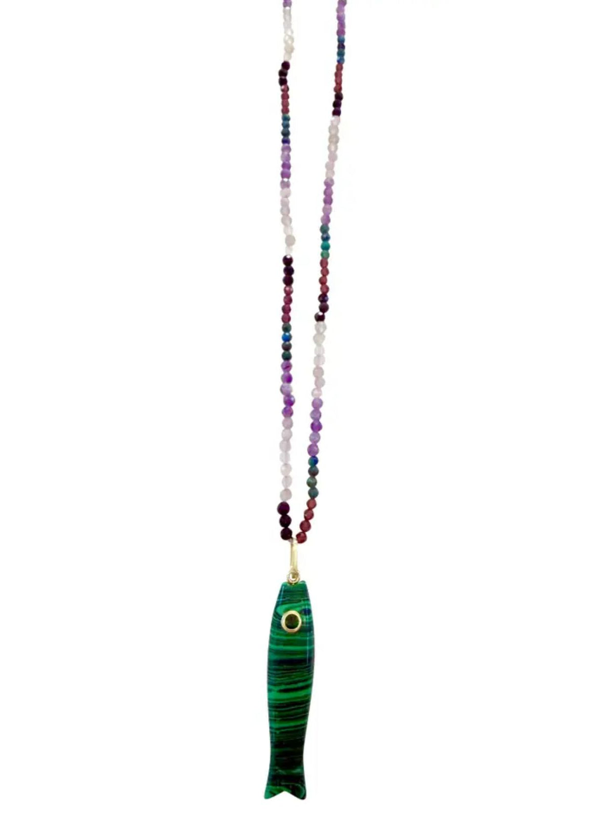 Seth Beaded Necklace with Fish Charm in Green/Purple