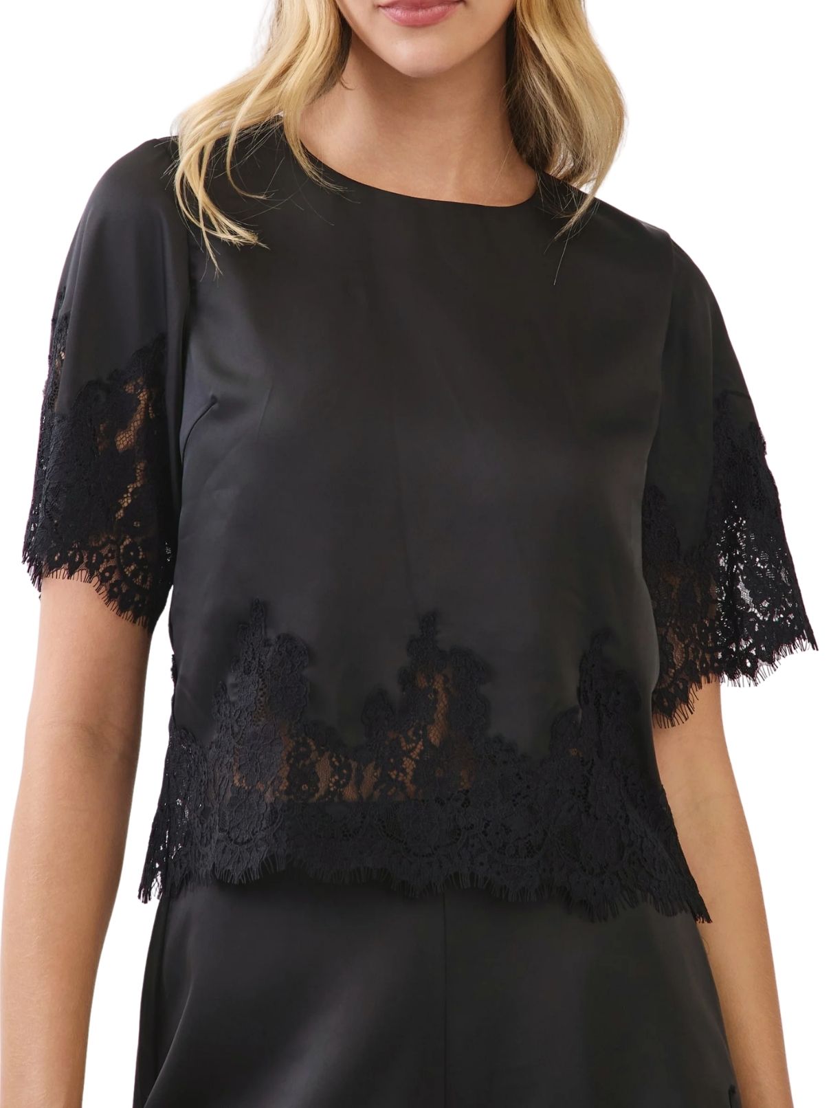 Short Sleeve Lace Trim Top – Black
