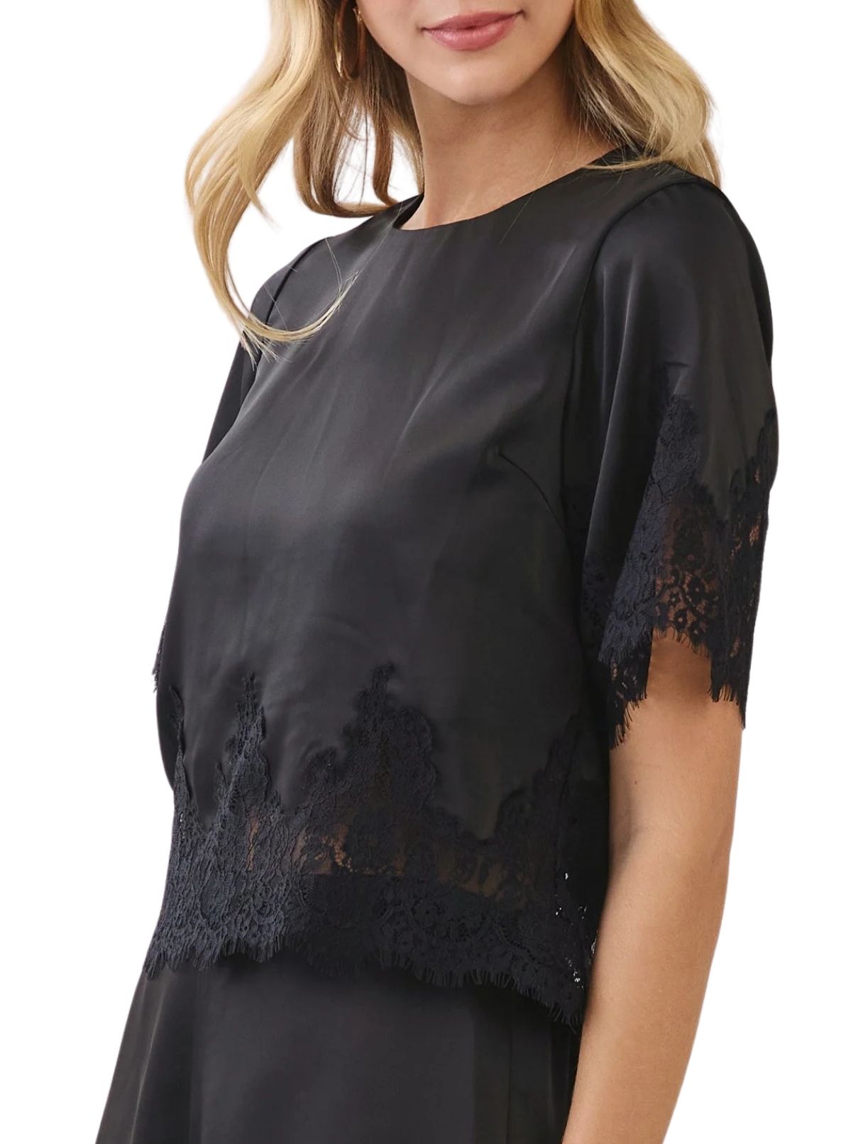 Short Sleeve Lace Trim Top – Black