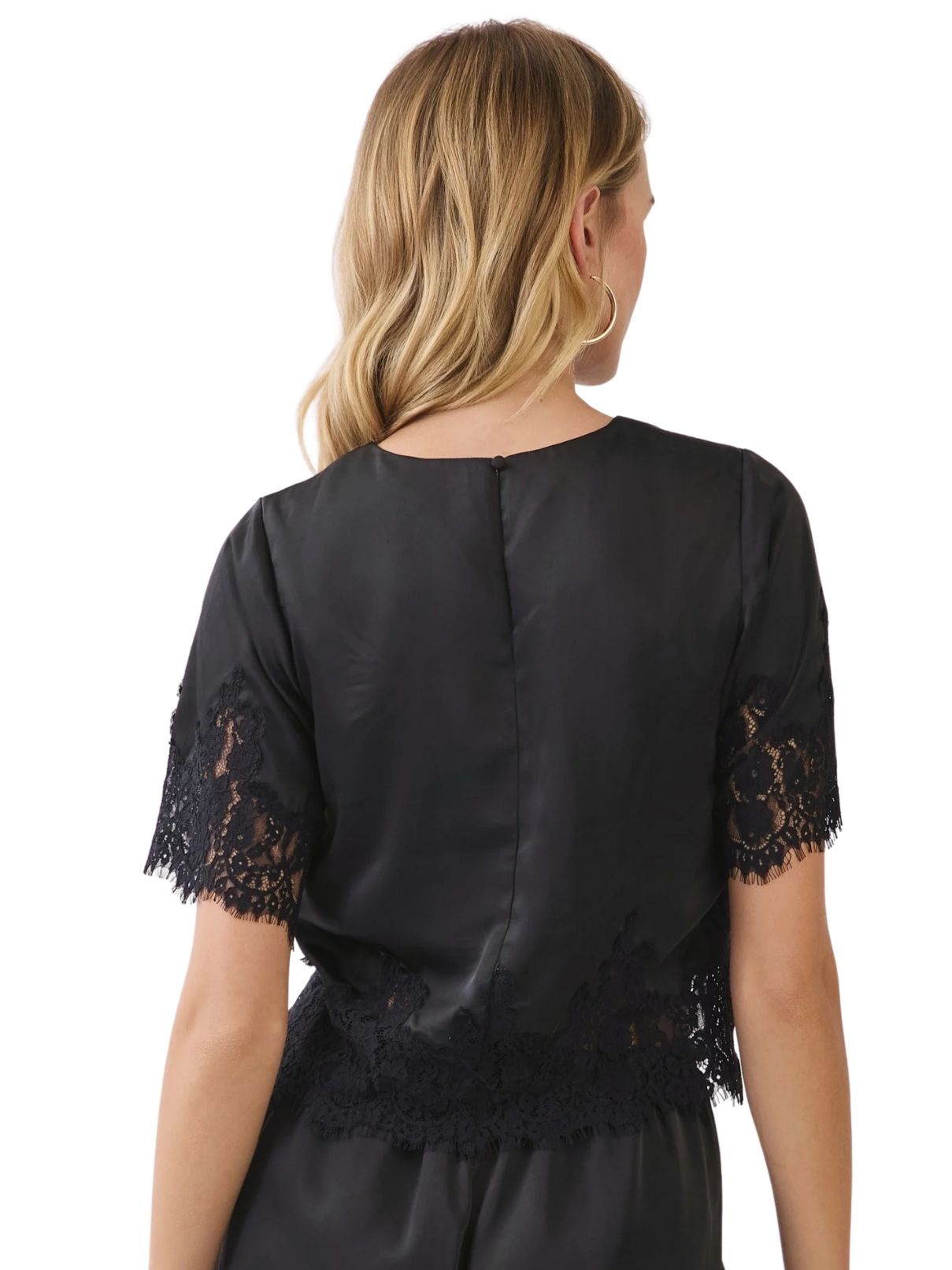 Short Sleeve Lace Trim Top – Black