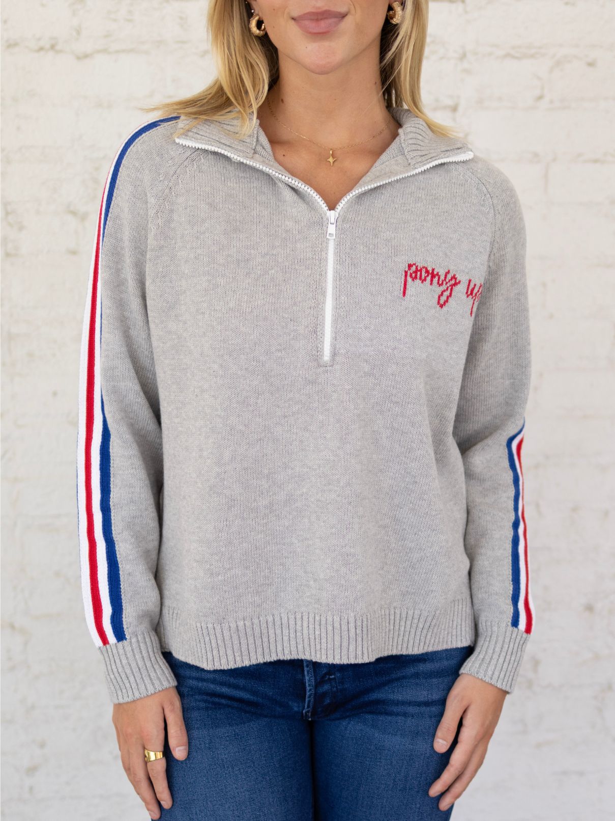 Smu Half Zip Pony Up Sweater in Gray