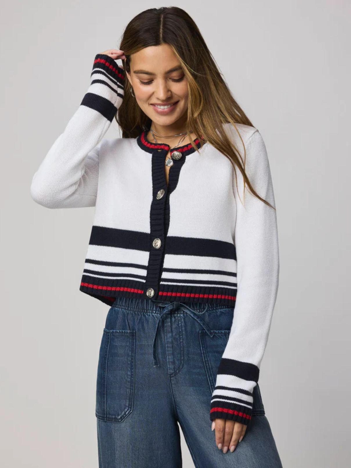Splendid Sailor Stripe Cardi in White/Navy/Rouge